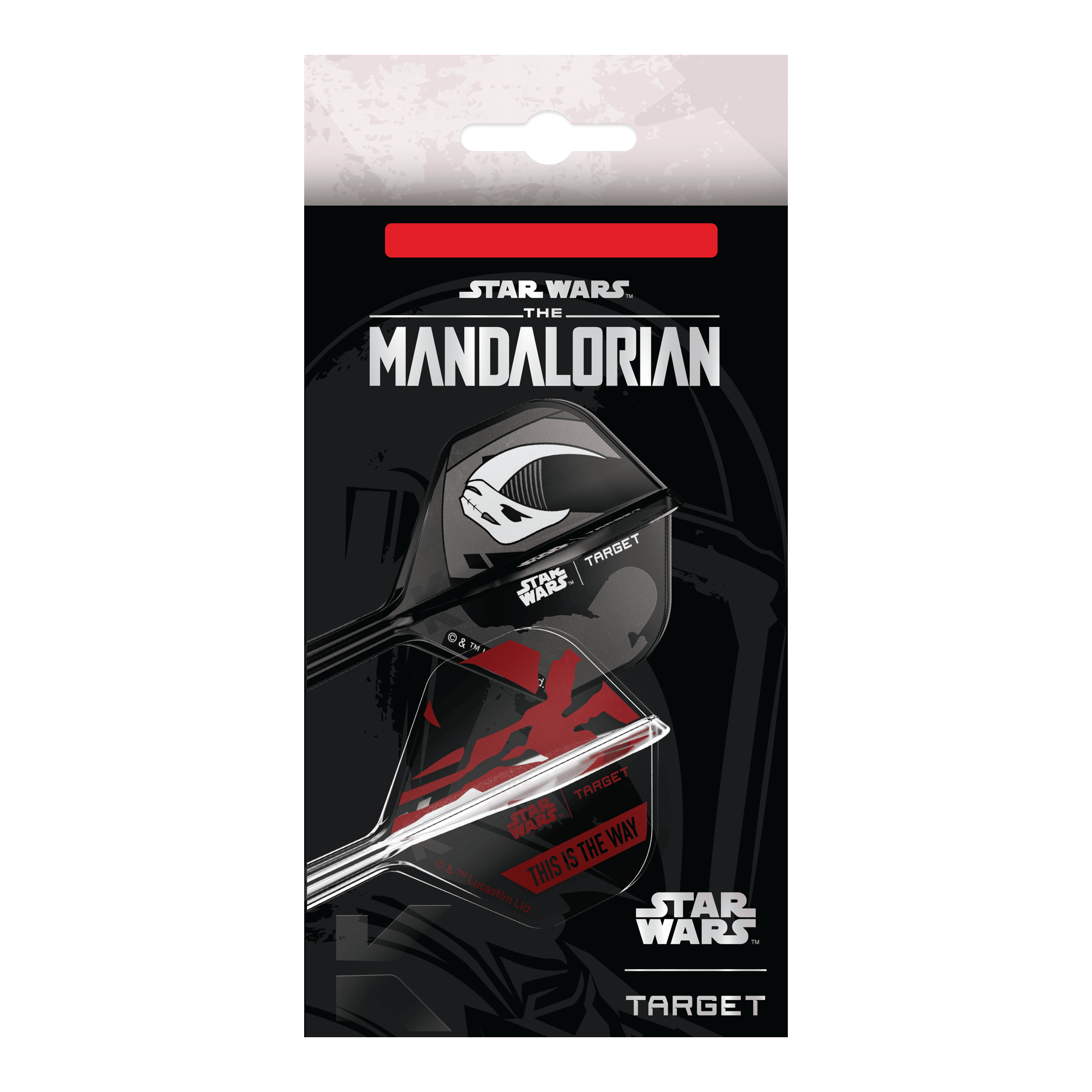 Set Target Star Wars K-Flex Mandalorian No2 Voli Standard Dieses Bild zeigt das Target Star Wars K-Flex-Set Mandalorian No2 Standard Flights. Die Dart Flights haben ein Mandalorian-Design aus der Star Wars Serie.