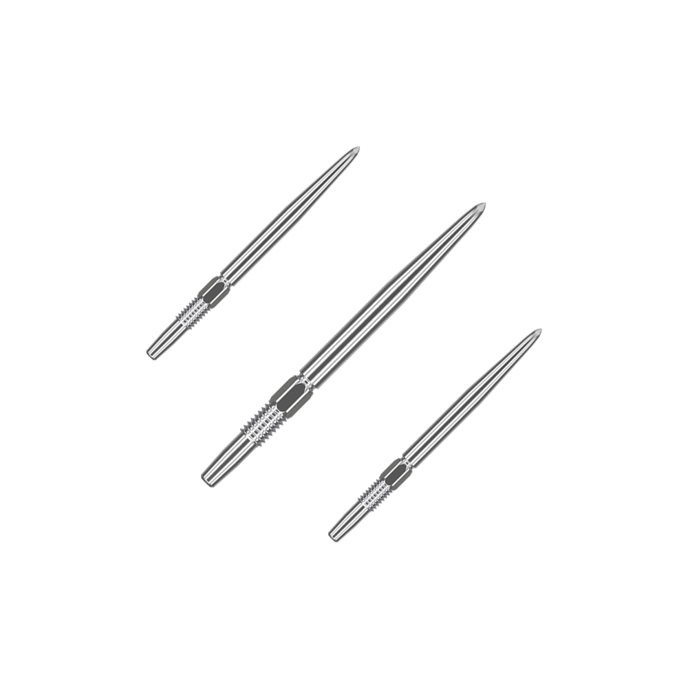 Końcówki do lotek Target Swiss Point Silver Das Bild zeigt drei silberne Dartspitzen, die nebeneinander liegen. Sie sind lang und schmal mit gerillten Griffbereichen.