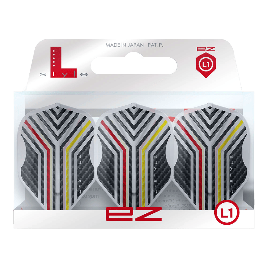 L-Style Arno Merk V1 Clear White L1EZ Flights werden als Set mit transparentem Design gezeigt. Die spezielle Form und Farbe sind erkennbar.