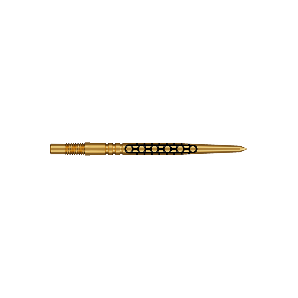 Špičky na šipky Shot Turbo Point Goths - zlaté Zwei kurze Dartspitzen in glänzender Goldfarbe werden dargestellt. Sie haben ein feines, geriffeltes Design.