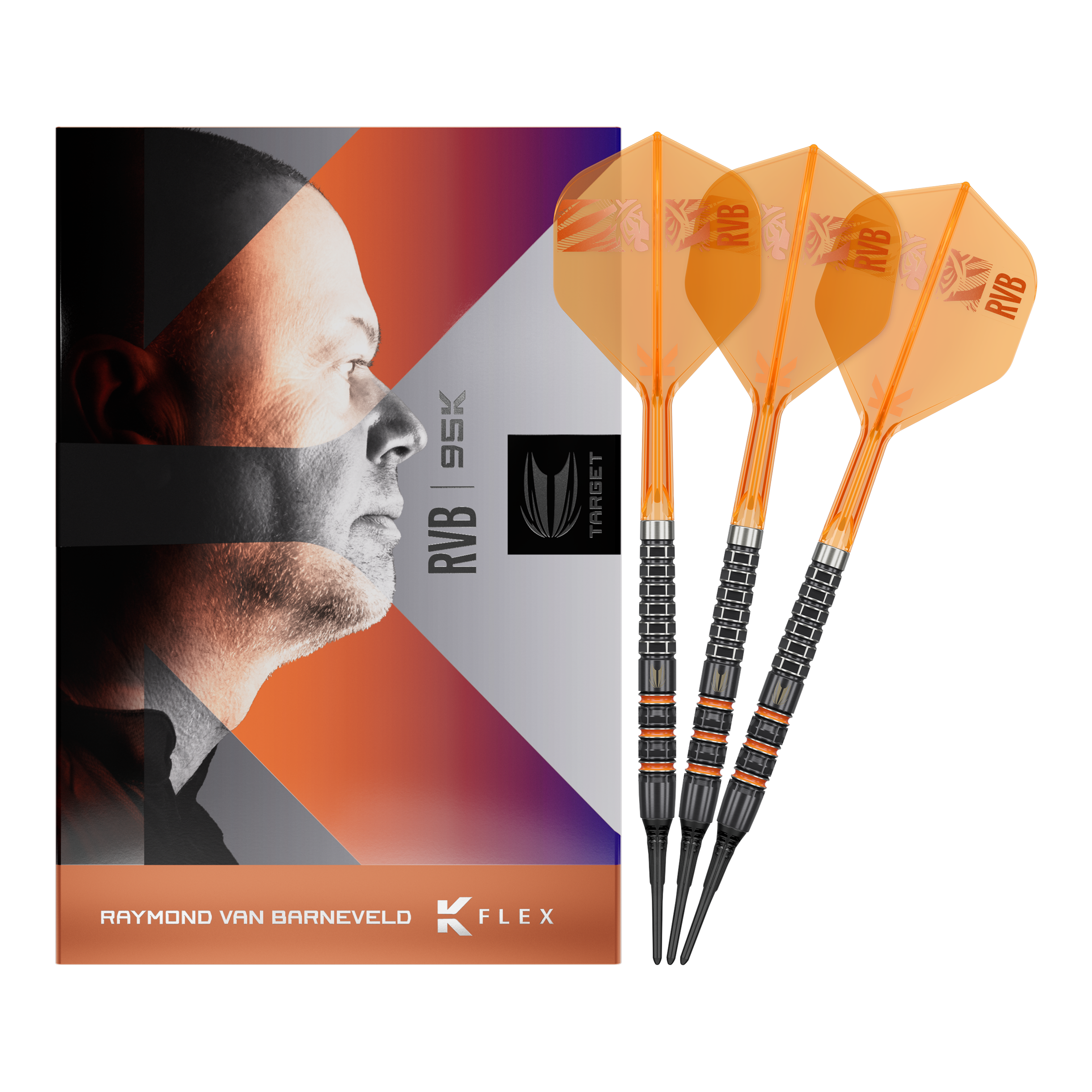 Terč Raymond Van Barneveld 95K měkké šipky - 20g Das Bild zeigt die Target Raymond Van Barneveld 95K Softdarts mit 20g. Das komplette Set ist abgebildet.