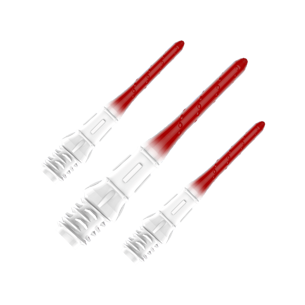 Embouts de lèvres dégradés L-Style Premium (paquet de 30) Das Bild zeigt drei hochwertige Dartspitzen mit einem Farbverlauf von Weiß zu Rot. Die Spitzen sind ordentlich nebeneinander angeordnet und haben eine glänzende Oberfläche.