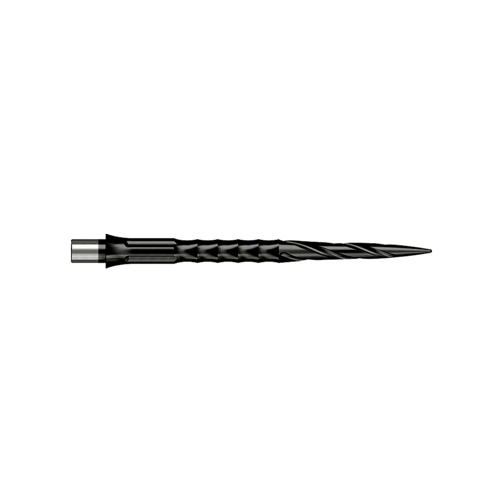 Pointes de fléchettes en acier Caliburn System - Spiro - Sans rebord - Noires Hier sieht man eine Steeldartspitze des Caliburn Evo Systems, Modell Spiro NoLip Black, 36mm. Die Spitze ist schwarz und länger als die 32mm Variante.