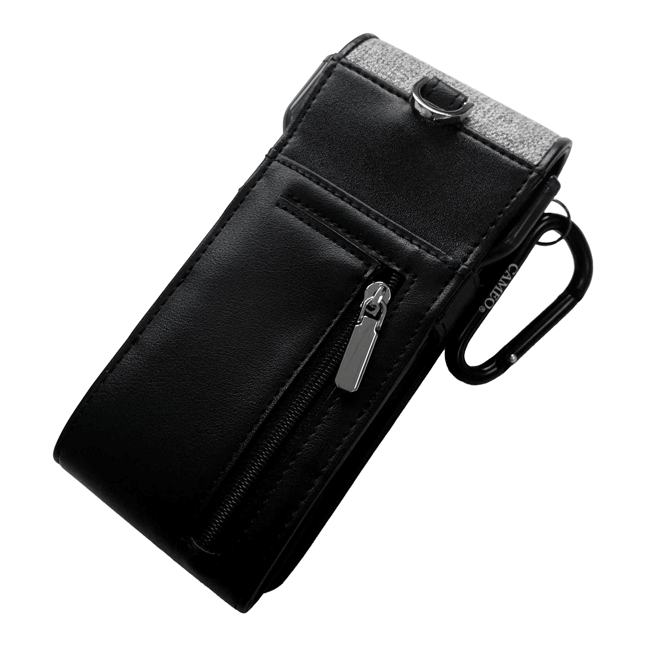 Cameo Thread Dartcase Das Bild zeigt ein elegantes schwarzes Etui mit einem Reißverschlussfach. Es hat einen silbernen Clip und eignet sich ideal zum Aufbewahren von Dartzubehör.