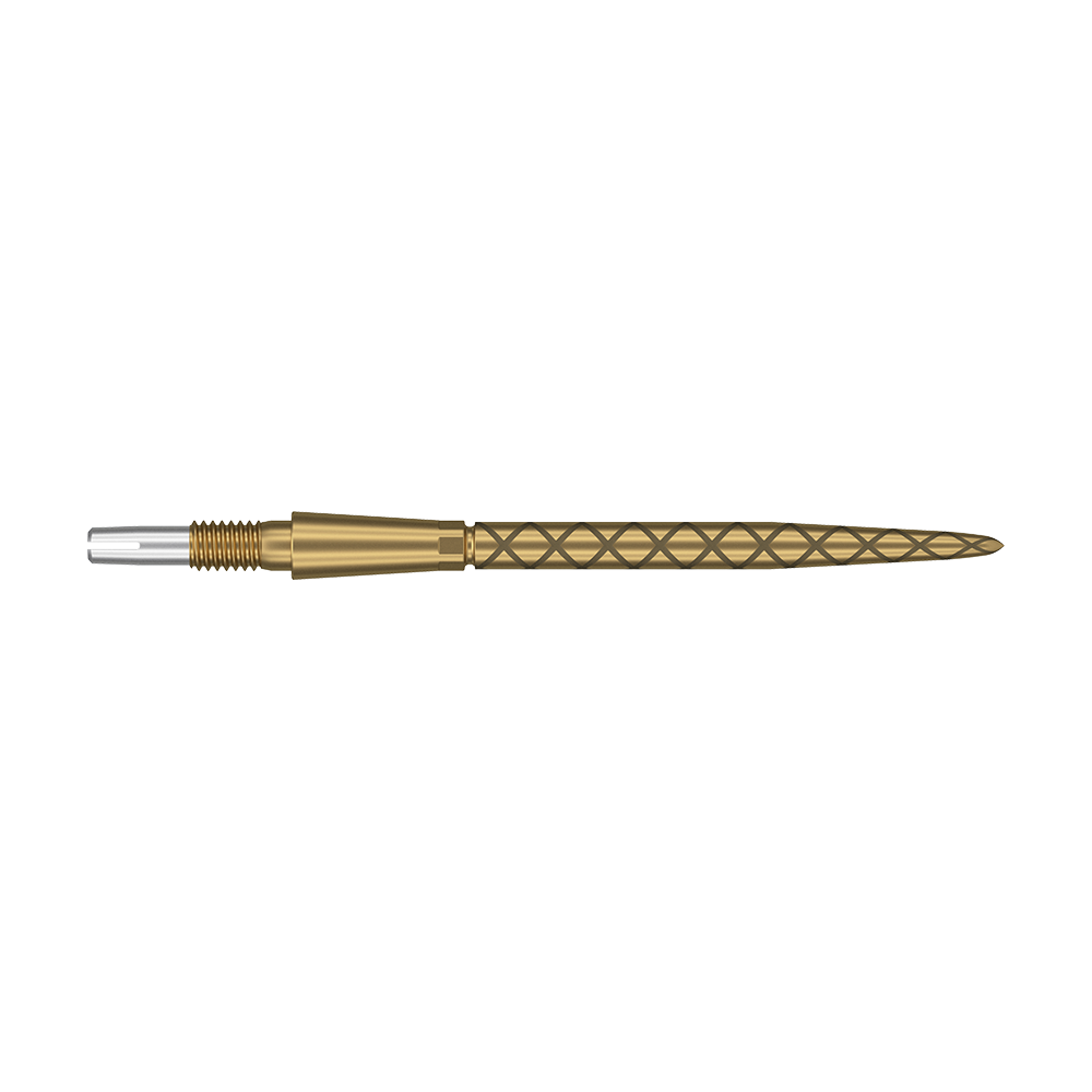 Target Swiss Storm Diamond Point Dartspitzen - Gold Auf dem Bild ist eine goldene Dartspitze mit Diamantmuster zu sehen. Die Spitze ist lang und hat am hinteren Ende einen silbernen Schraubaufsatz.