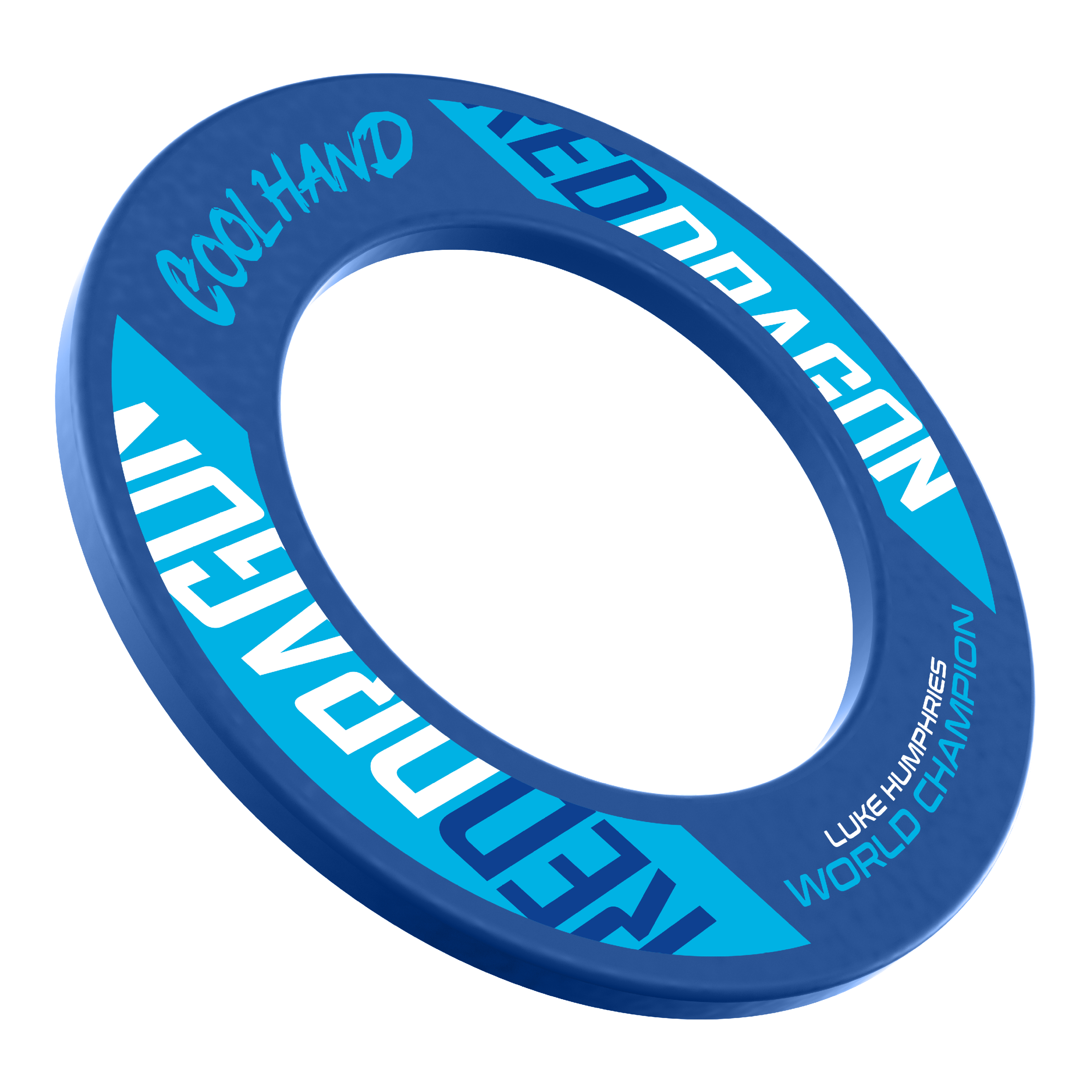 Obvod pro terč Red Dragon Luke Humphries, mistr světa Das Bild zeigt ein blaues Dartboard-Surround mit der Aufschrift "Red Dragon" und "Cool Hand". Auf dem Surround steht außerdem "Luke Humphries World Champion".