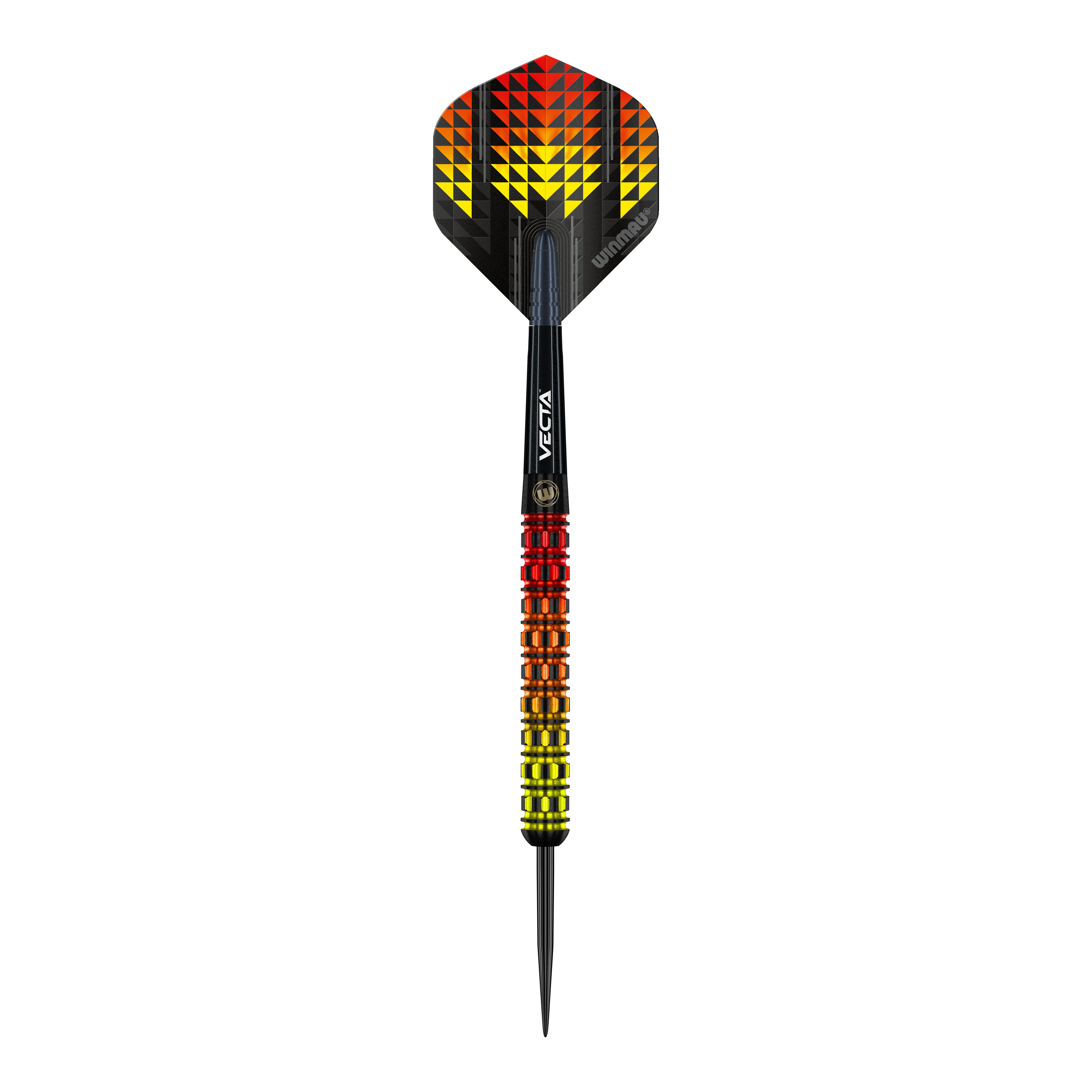Dardos de acero paralelos de llamas de tormenta de fuego Winmau Der Winmau Firestorm Flame Parallel Steeldart hat ein auffälliges Design in Flammenfarben mit gelben, orangefarbenen und roten Akzenten. Der Schaft und Flight sind schwarz mit geometrischen Mustern, die an Feuer erinnern.