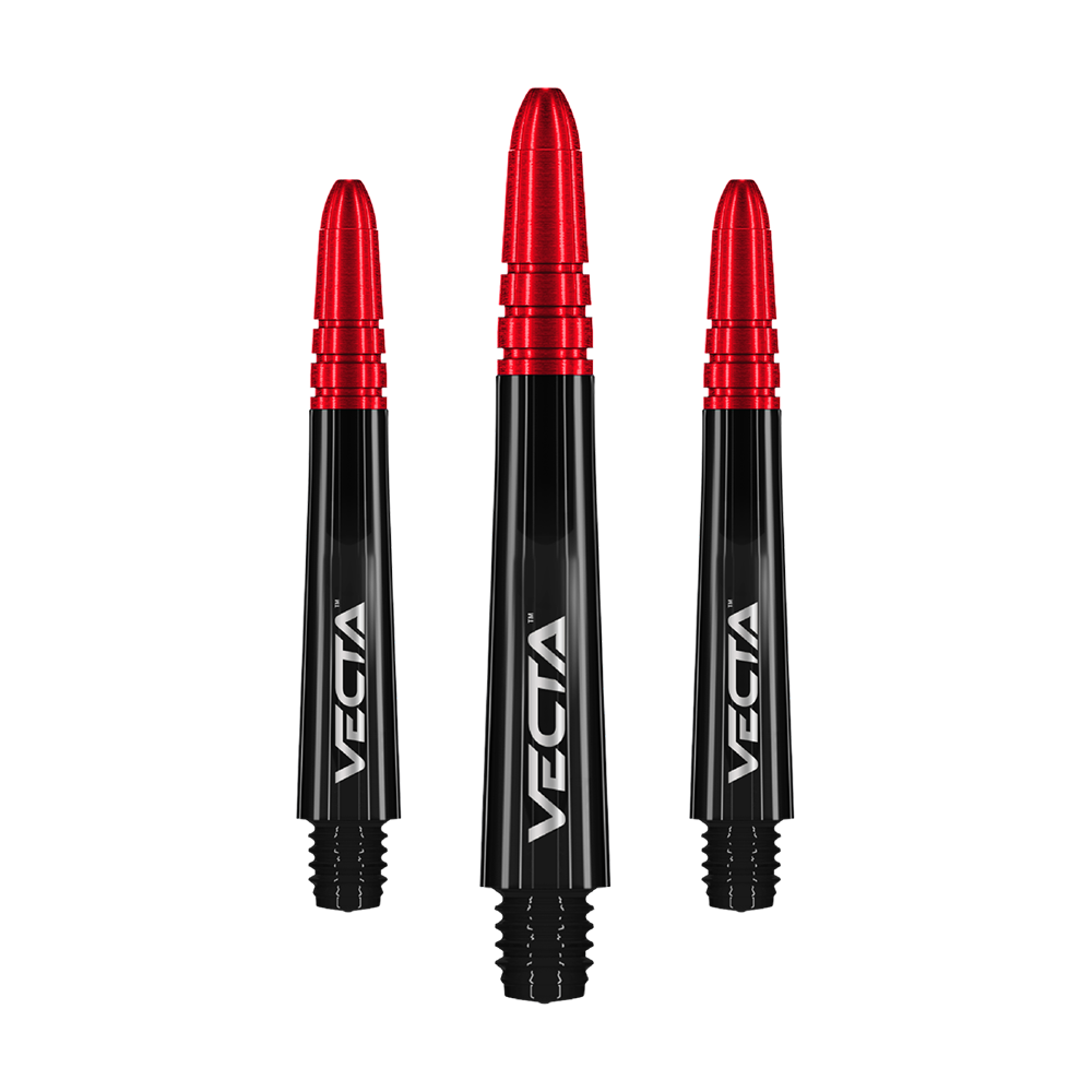 Winmau Vecta Shafts - Schwarz Rot Das Bild zeigt drei schwarze und rote Dartschäfte mit der Aufschrift "VECTA". Sie stehen aufrecht nebeneinander vor einem transparenten Hintergrund.