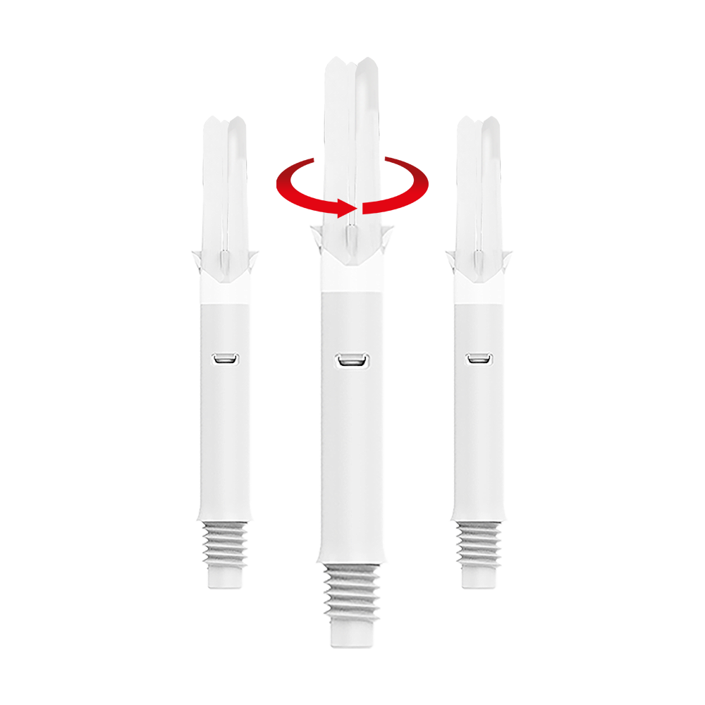 Wałki L-L-Style-Shafts Silent Straight - białe Das Bild zeigt drei weiße Dartschäfte ohne Kappen in unterschiedlicher Länge. Über dem mittleren Schaft ist ein roter Pfeil, der auf eine Drehbewegung hinweist.