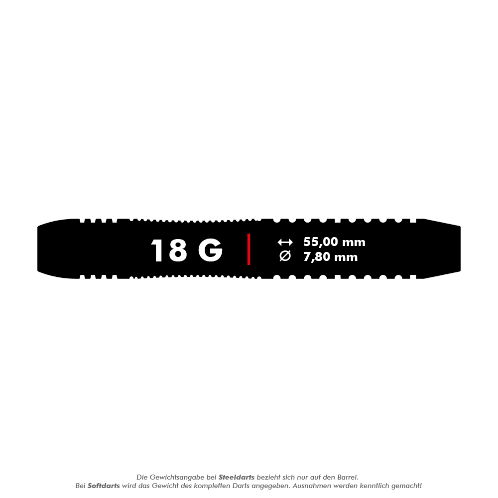 Šipky Target Rob Cross Brass Soft - 18g Das Bild zeigt die technischen Daten des Produkts "Target Rob Cross Brass Softdarts - 18g". Der Dart wiegt 18 Gramm, ist 55,00 mm lang und hat einen Durchmesser von 7,80 mm.