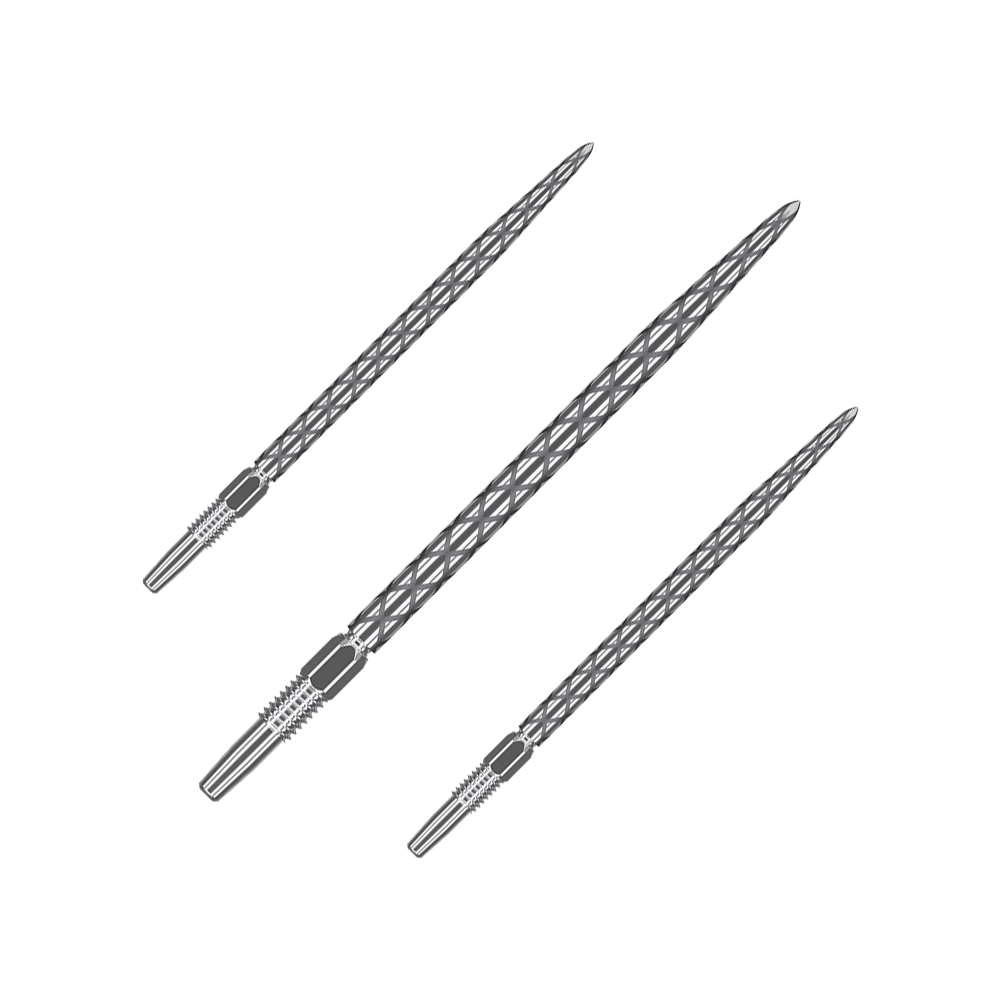 Target Swiss Diamond Pro Silver Points dart tips Auf dem Bild sind drei silberne Dartspitzen mit einem rautenförmigen Muster zu sehen. Sie sind nebeneinander angeordnet und haben eine Länge von 40 mm.