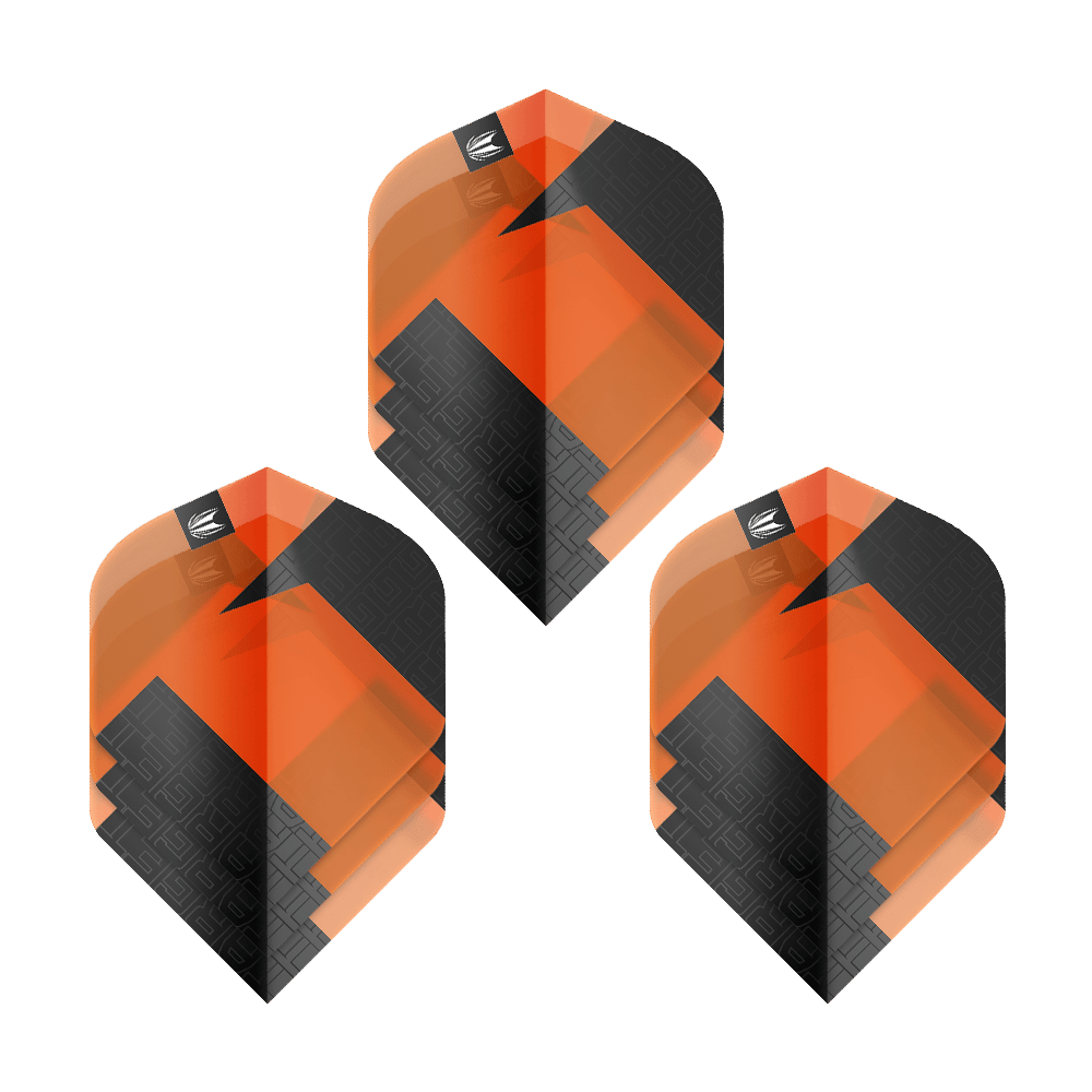 Standardní letky Target Pro Ultra TAG Orange No2 - 3 sady Das Bild zeigt drei Sets der Target Pro Ultra TAG Orange No2 Standard Flights. Die Flights sind in den Farben Orange und Schwarz gestaltet und haben ein geometrisches Muster.
