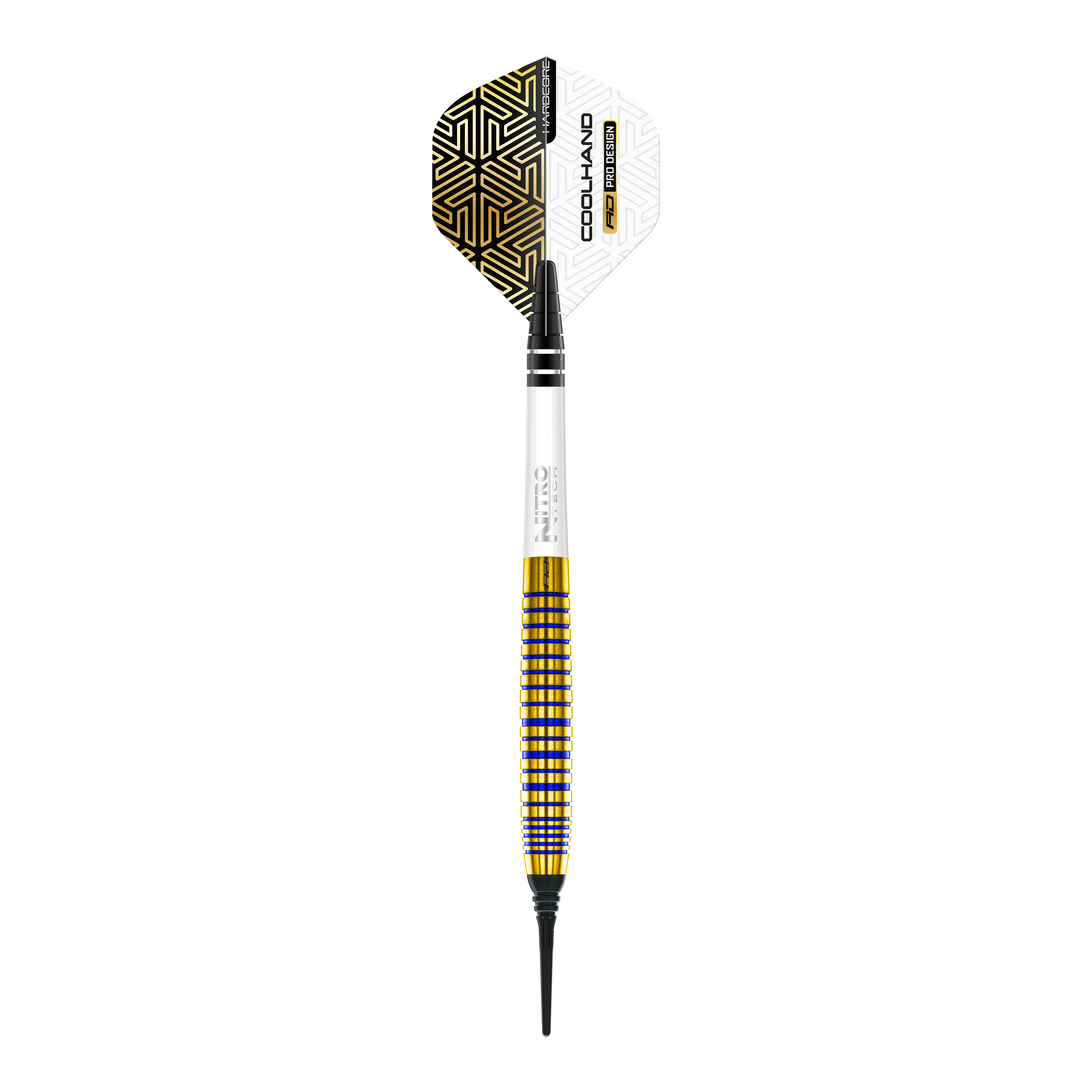 Šipky Red Dragon Luke Humphries TX3 Gold SE Softdarts - 20g Das Bild zeigt einen Red Dragon Luke Humphries TX3 Gold SE Softdart mit einem Gewicht von 20g. Der Dart hat ein auffälliges Design mit goldenen und schwarzen Akzenten und einer weißen Flight.