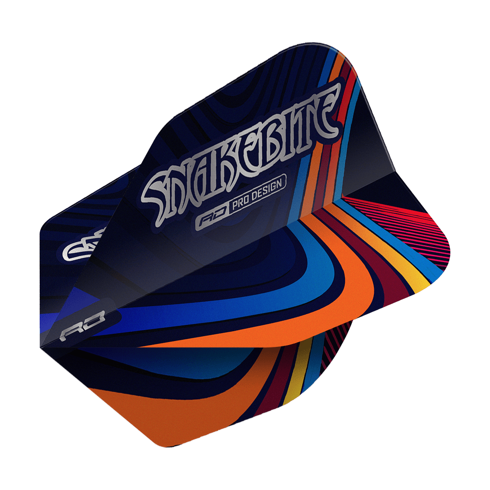 Letky Red Dragon Peter Wright Snakebite Multi Swirl č. 6 Das Bild zeigt ein Dartflight mit dem Namen "Red Dragon Peter Wright Snakebite Multi Swirl No6 Flights". Das Flight-Design ist bunt mit geschwungenen Linien in Blau, Orange, Rot und Gelb, und trägt die Aufschrift "Snakebite".