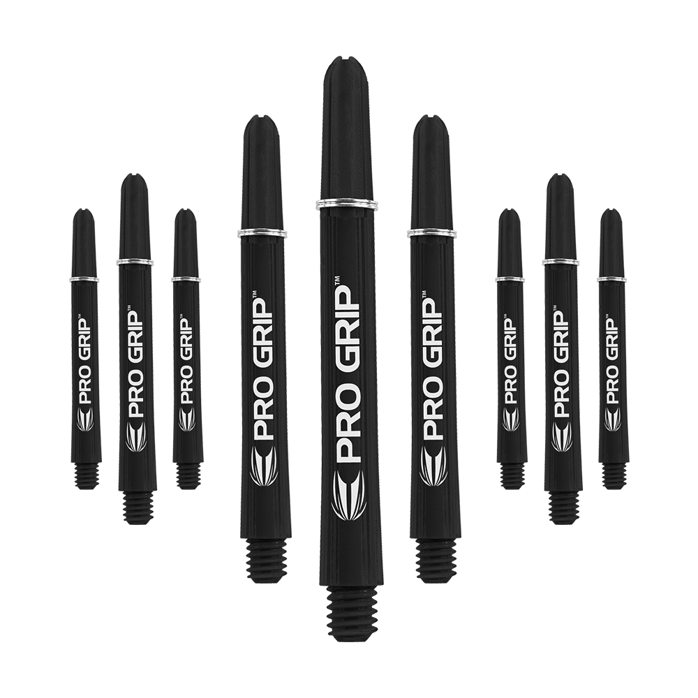 Target Pro Grip Shafts - 3 Sets - Black Auf dem Bild sind neun schwarze Pro Grip Dartschäfte zu sehen. Sie sind in drei Reihen angeordnet und auf jedem Schaft steht "PRO GRIP" in weißer Schrift.