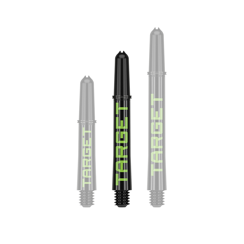 Tiges Target Pro Grip TAG - 3 jeux - Noir Vert Auf dem Bild sind drei schwarze Dartschäfte in verschiedenen Längen zu sehen. Auf jedem Schaft steht das Wort "TARGET" in grüner Schrift.