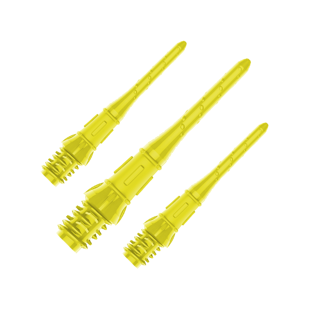 Premium Lippoints (30er Pack) - Spitzen Das Bild zeigt drei gelbe Dartspitzen, die nebeneinander angeordnet sind. Sie haben ein glänzendes, glattes Design und wirken hochwertig verarbeitet.