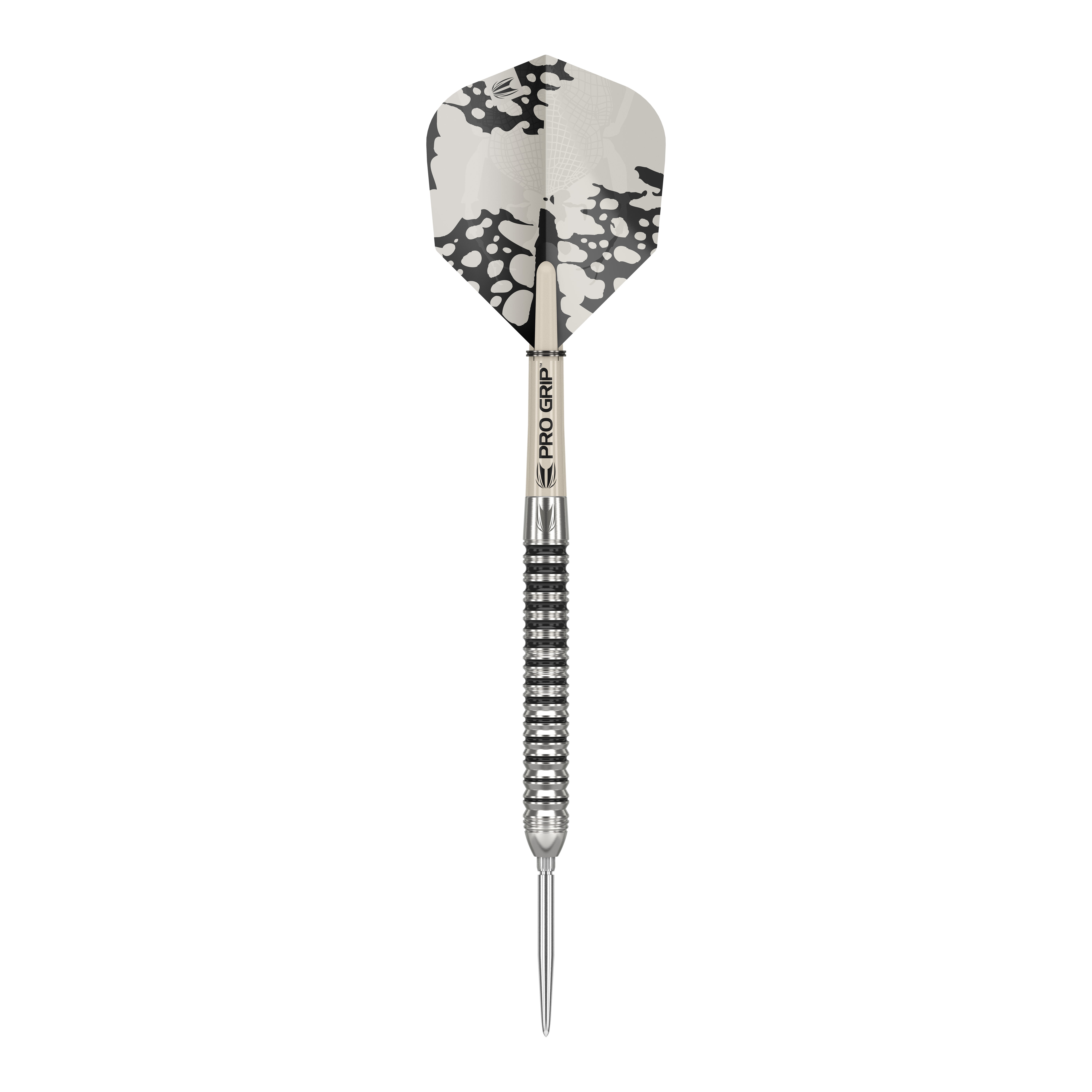 Dardos de acero Target EXO SP01 Swiss Point Das Bild zeigt einen Target EXO SP01 Swiss Point Steeldart. Der Dartpfeil hat ein schwarz-silbernes Design mit einer auffälligen schwarz-weißen Flight.