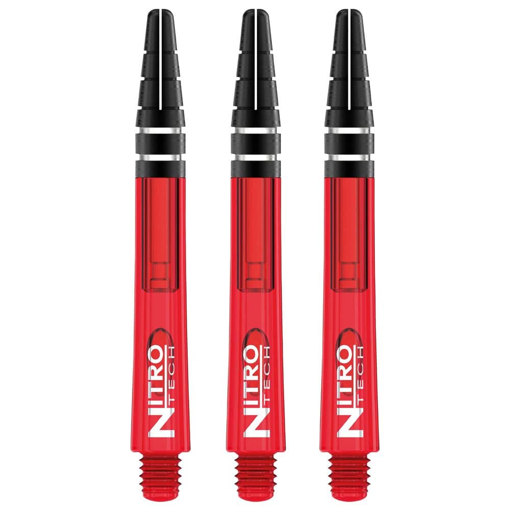 Das Bild zeigt drei rote RedDragon Nitrotech Shafts für Dartpfeile. Auf jedem Schaft steht in weißen Buchstaben "NITRO TECH".