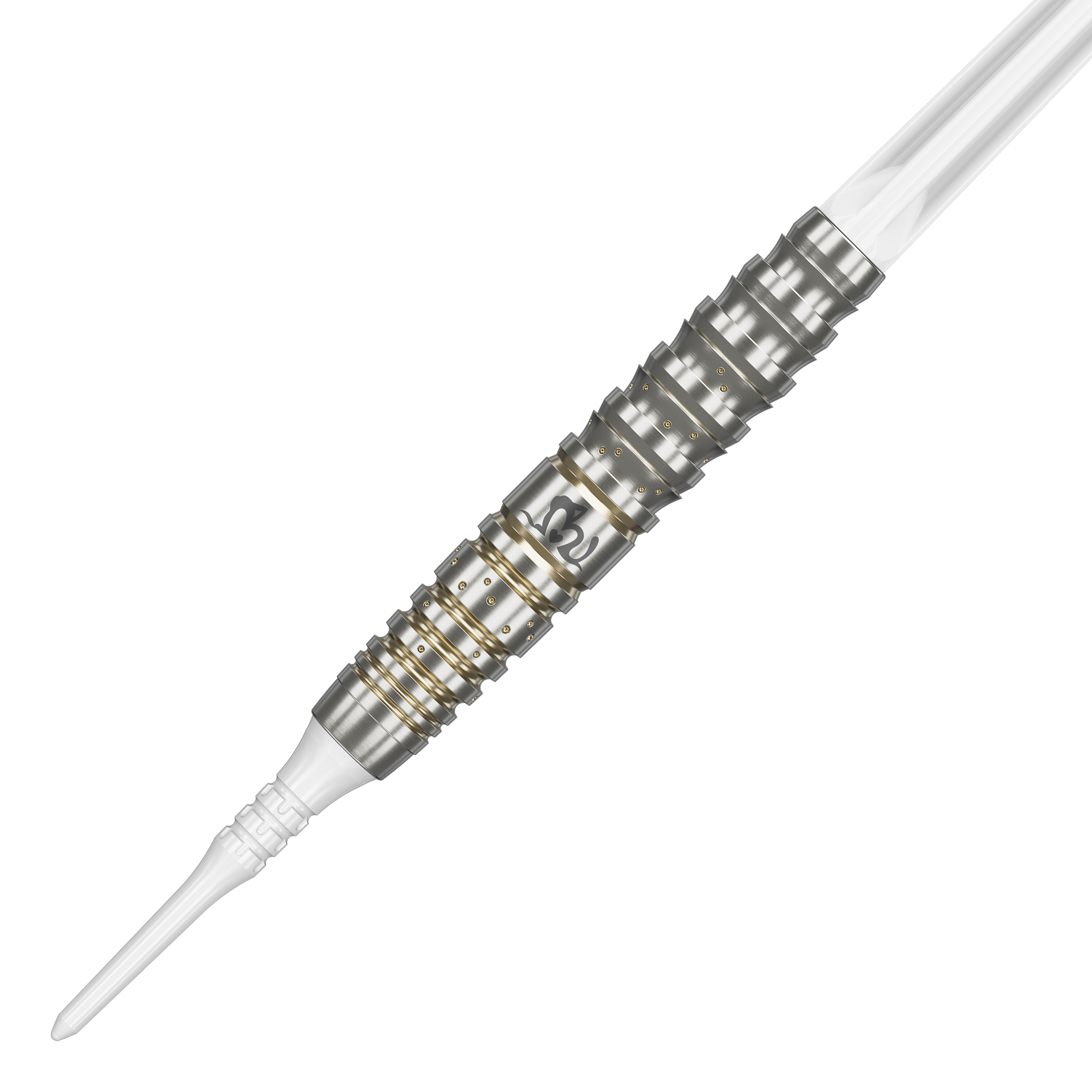 Dardos blandos Target Japan Prime Series Mayujo Morita GEN6 - 18 g Das Bild zeigt einen Softdart der Produktreihe "Target Japan Prime Series Mayujo Morita GEN6" mit 18 Gramm Gewicht. Der Dart ist silbern mit goldenen Ringen und hat eine weiße Spitze.