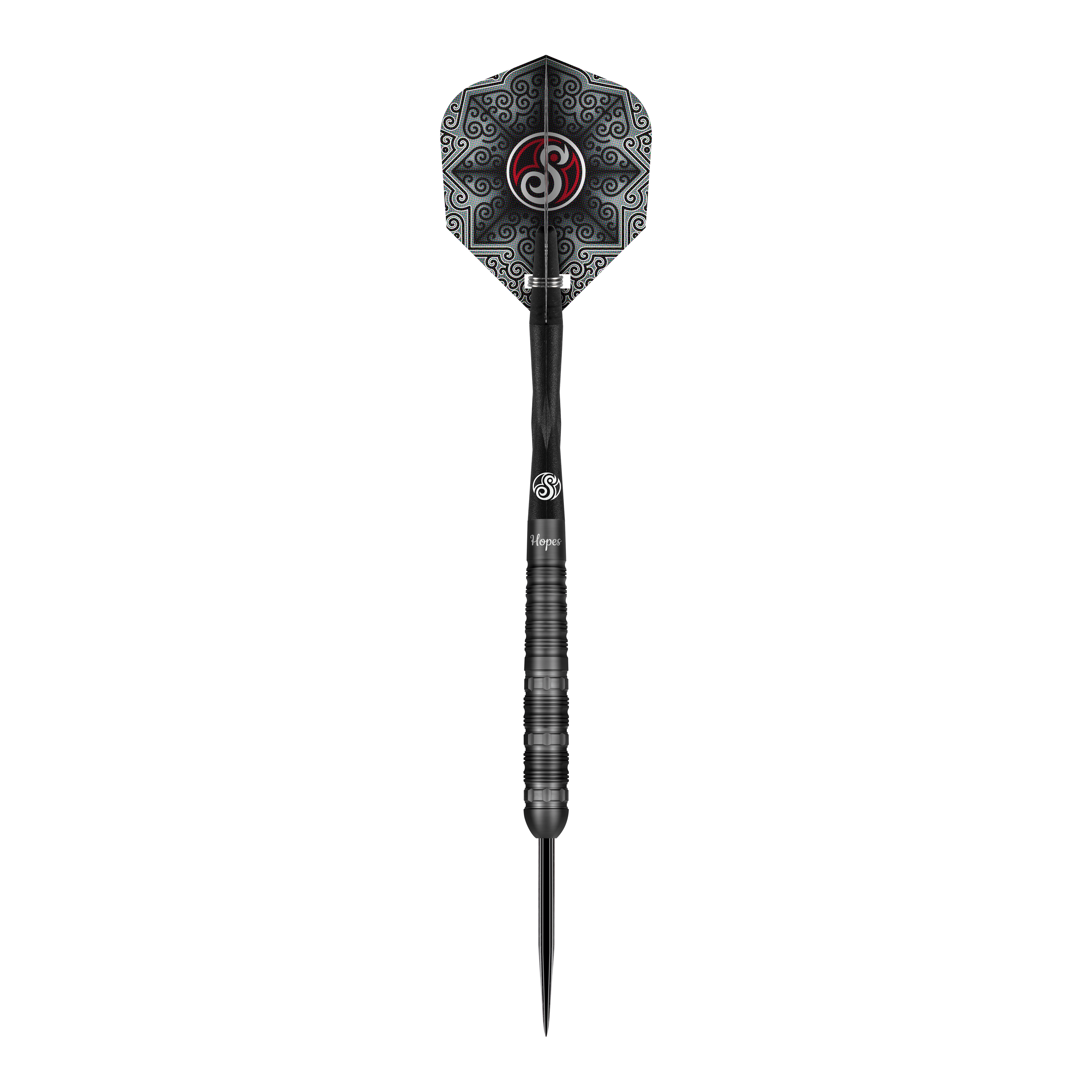 Shot Pro-Series Haupai Puha 2 steel darts - 24g Das Bild zeigt einen Shot Pro-Series Haupai Puha 2 Steeldart mit einem Gewicht von 24g. Der Dart ist schwarz und hat ein auffälliges, gemustertes Flight-Design.