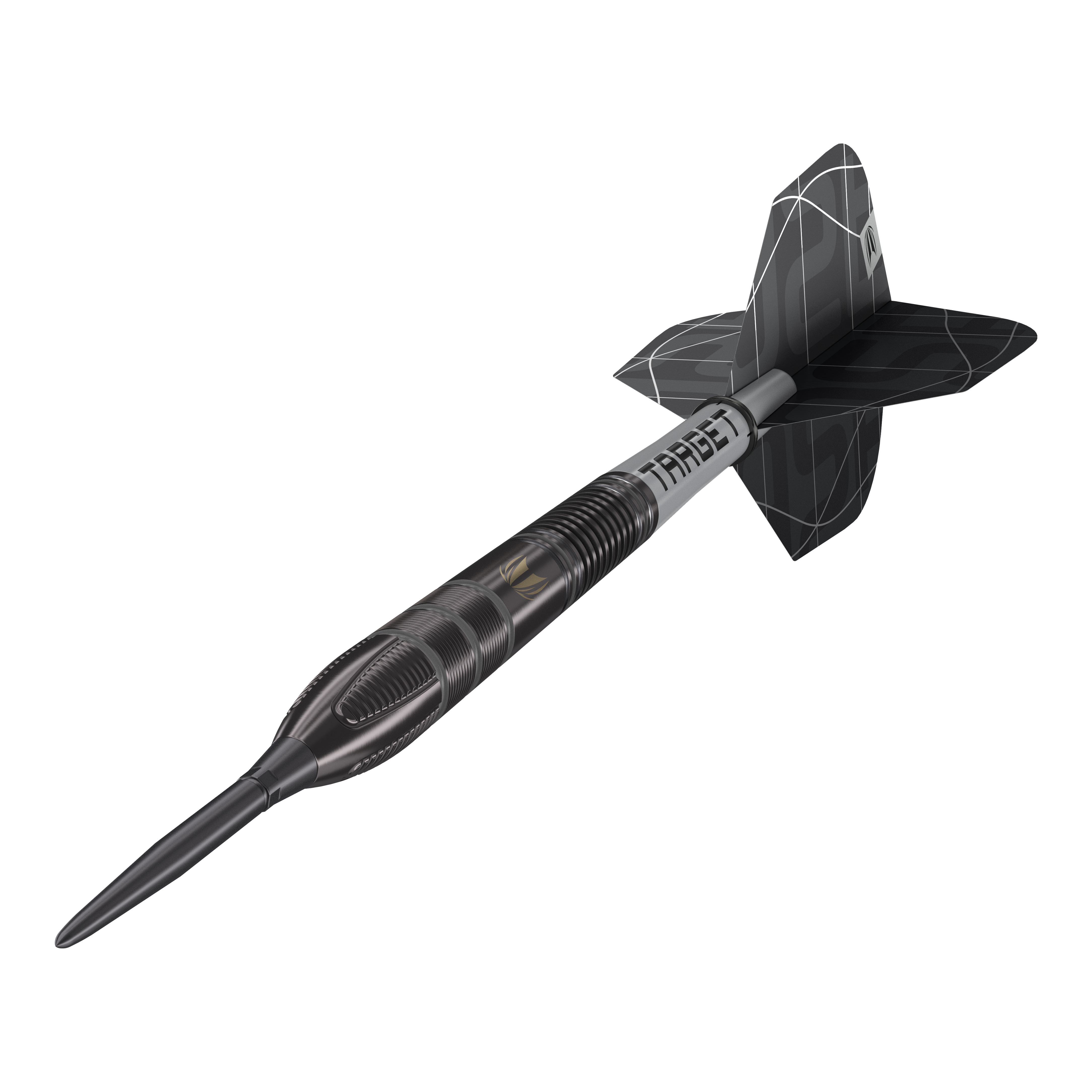 Ocelové šipky Target Nathan Aspinall X Echo Swiss Point Das Bild zeigt einen Target Nathan Aspinall X Echo Swiss Point Steeldart. Der Dartpfeil ist schwarz-silbern und hat ein modernes, auffälliges Design.