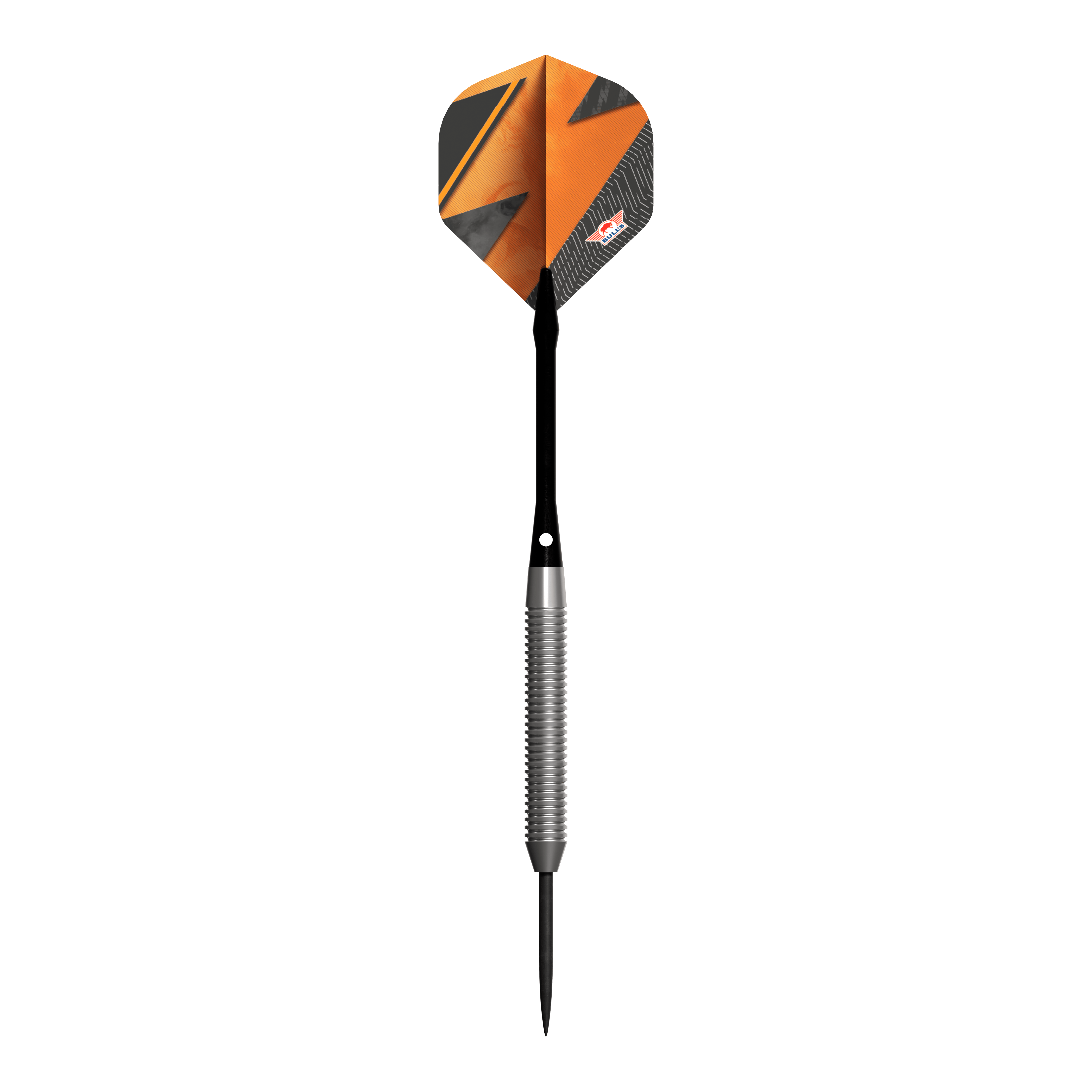 Dardos de acero naranja Bulls NL Lightning Das Bild zeigt den Steeldart "Bulls NL Lightning Orange" mit einer auffälligen orangenen und schwarzen Flight. Der Schaft ist silberfarben und geriffelt, während die Dartspitze schwarz ist.