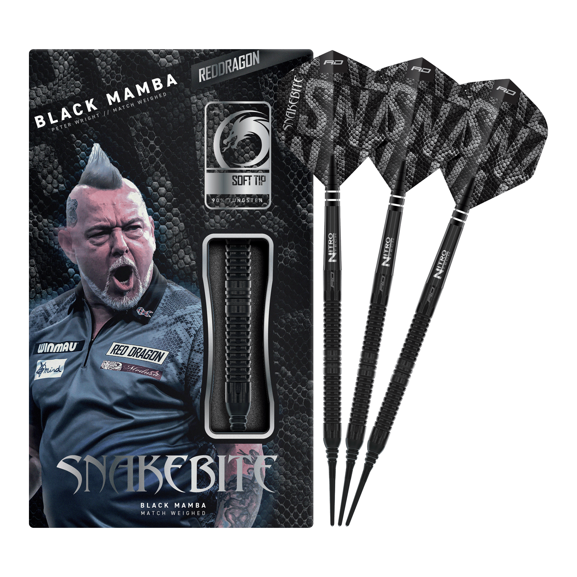 Dardos blandos Red Dragon Peter Wright Snakebite Black Mamba - 20 g Auf dem Bild ist der Red Dragon Peter Wright Snakebite Black Mamba Softdart mit 20g zu sehen. Er überzeugt durch seine professionelle Verarbeitung und sein elegantes Aussehen.