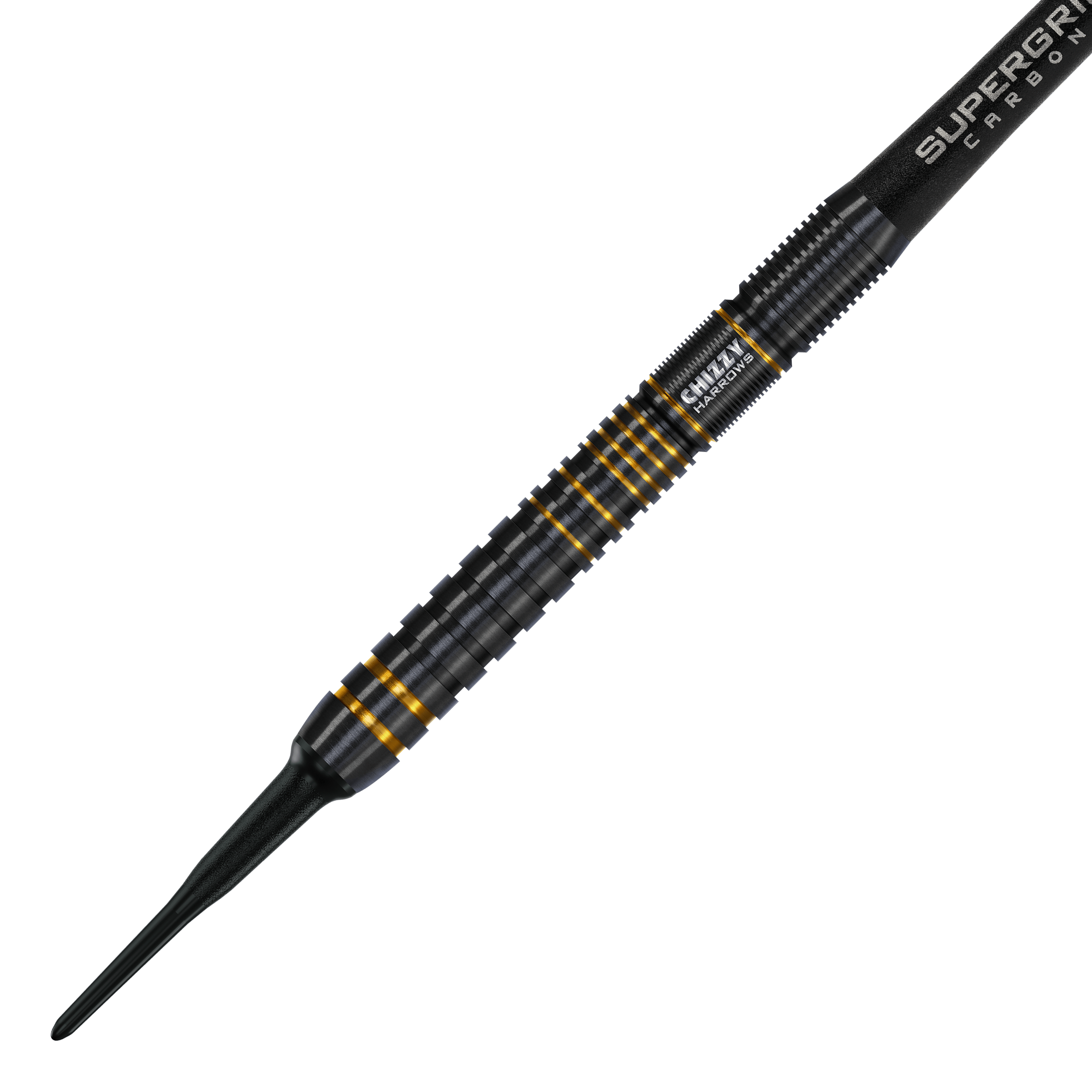 Fléchettes souples Dave Chisnall Chizzy Series 3 de Harrow Das Bild zeigt einen Harrows Dave Chisnall Chizzy Series 3 Softdart. Der Dartpfeil ist schwarz mit goldenen Akzenten und hat ein geriffeltes Griffdesign.