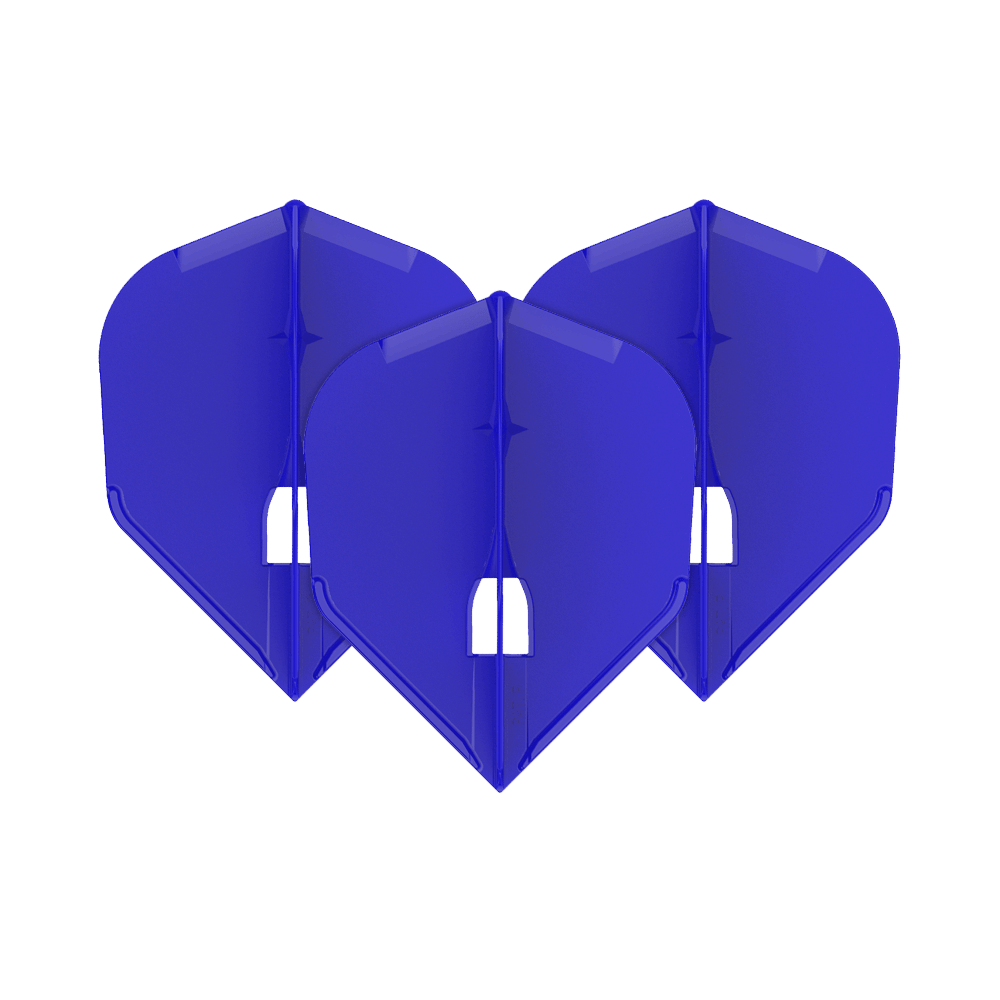 L-Style Champagne L3PRO Shape Flights Auf dem Bild sind drei blaue Dart-Flights zu sehen. Sie sind nebeneinander angeordnet und haben eine standardisierte, breite Form.
