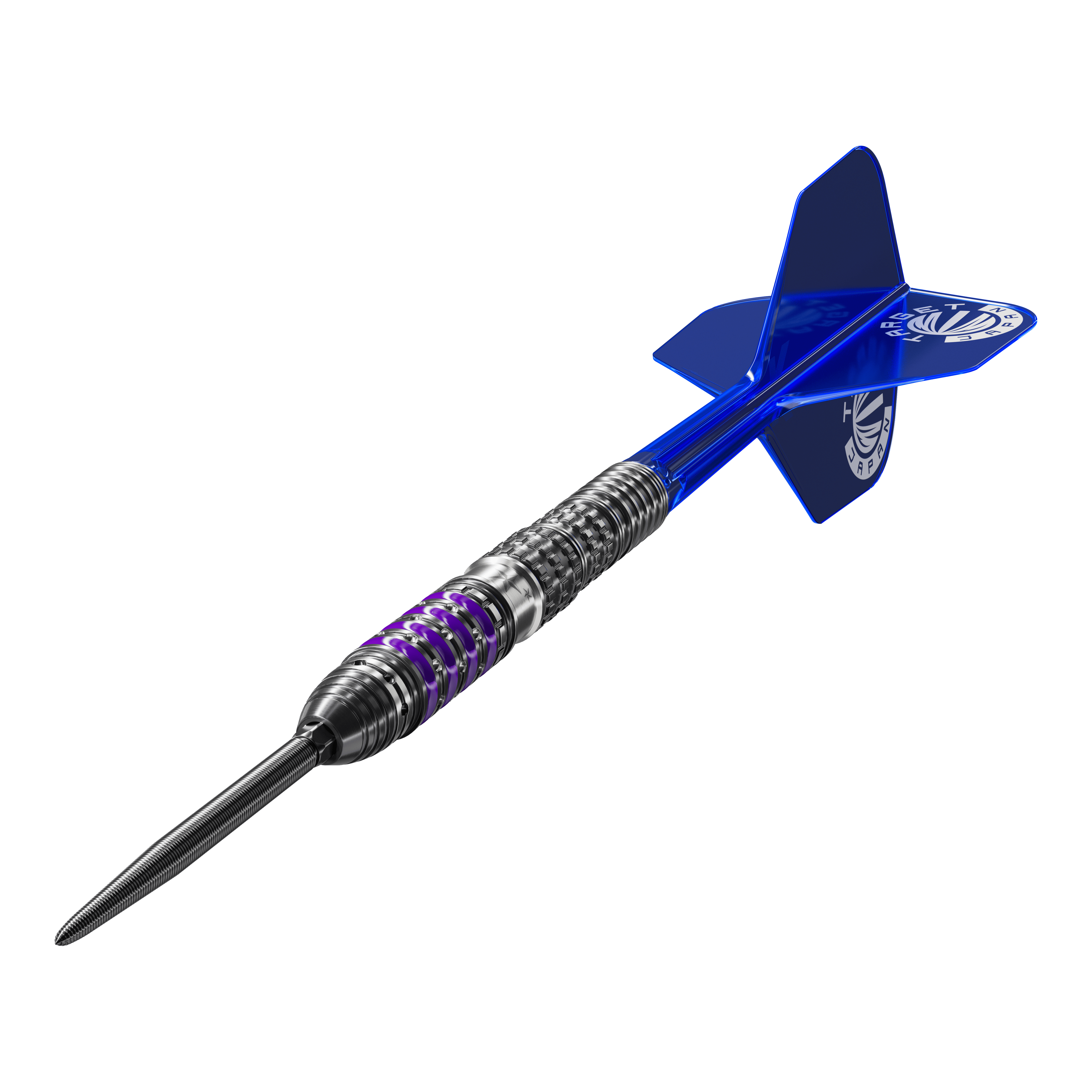 Target Japan Prime Series Sirius GEN4 Swiss Point Steeldarts Das Bild zeigt einen Target Japan Prime Series Sirius GEN4 Swiss Point Steeldart. Der Dart hat ein metallisches Barrel mit lila Akzenten und blaue Flights.
