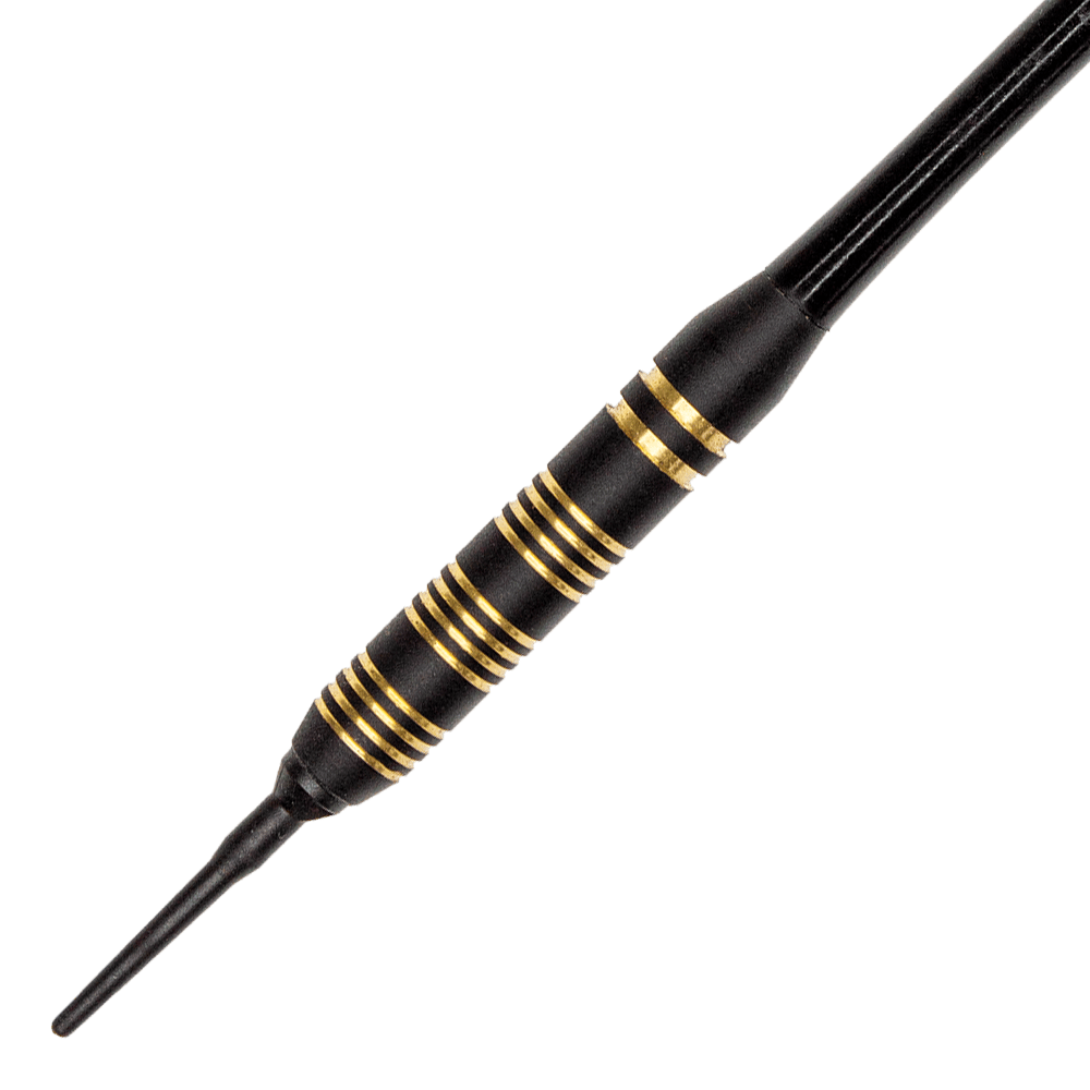 SO20-5_Royal_Softdarts_2 Das Bild zeigt einen Royal Softdart mit einem Gewicht von 17g. Der Dart ist schwarz mit goldenen Ringen verziert.