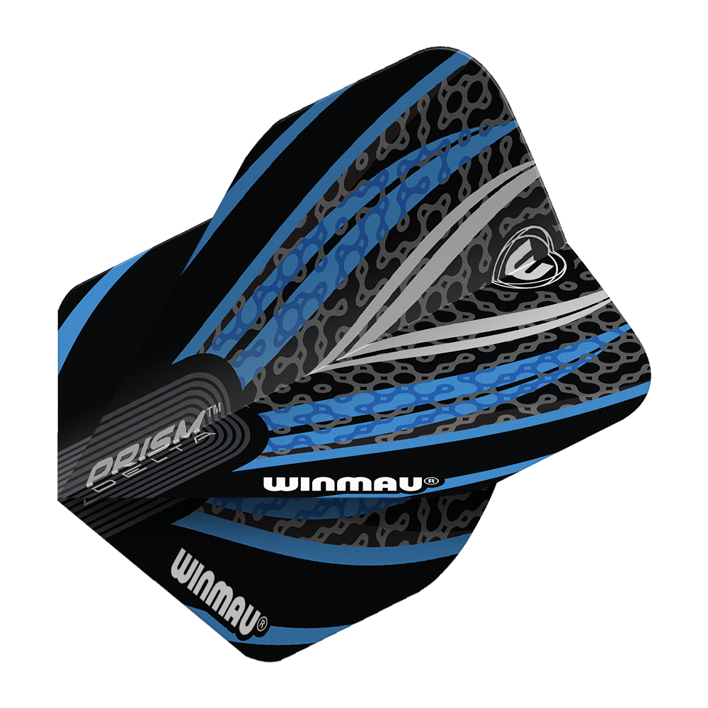 Letky Winmau Prism Delta černá bílá modrá č. 2 standardní Das Bild zeigt ein Winmau Prism Delta Standard Dartflight in den Farben Schwarz, Weiß und Blau. Das Flight hat ein modernes, grafisches Design mit dem Winmau-Logo und auffälligen Mustern.