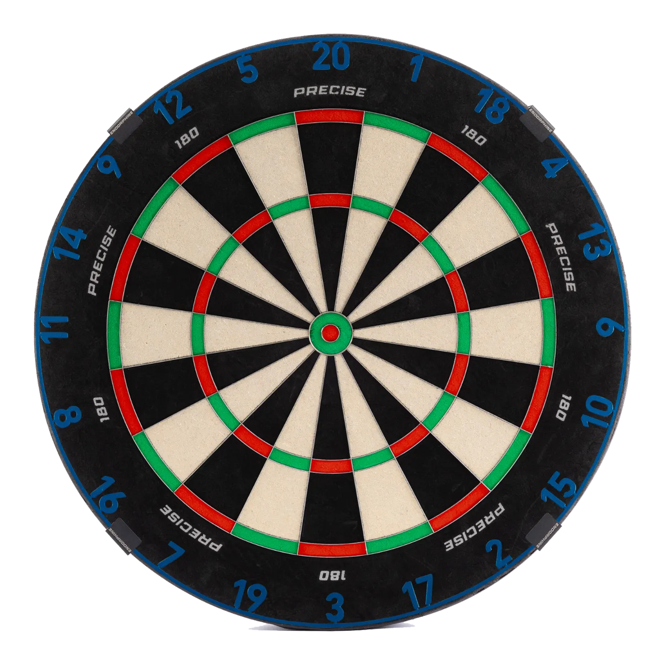 Diana de dardos Precise 180 Endorphine de acero con anilla numérica - Azul Ártico Das ist das Precise 180 Endorphine Steeldartboard mit Nummernring in Arctic Blue. Das Dartboard wird in leuchtendem Blau gezeigt.
