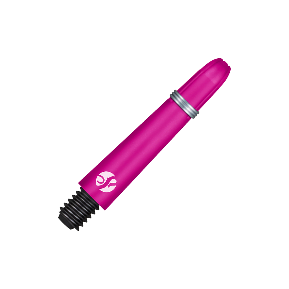 Shot Koi Carbon Shafts - Pink Das Bild zeigt einen pinkfarbenen Dartshaft mit Schraubgewinde. Der Schaft hat einen silbernen Ring und ein weißes Logo.