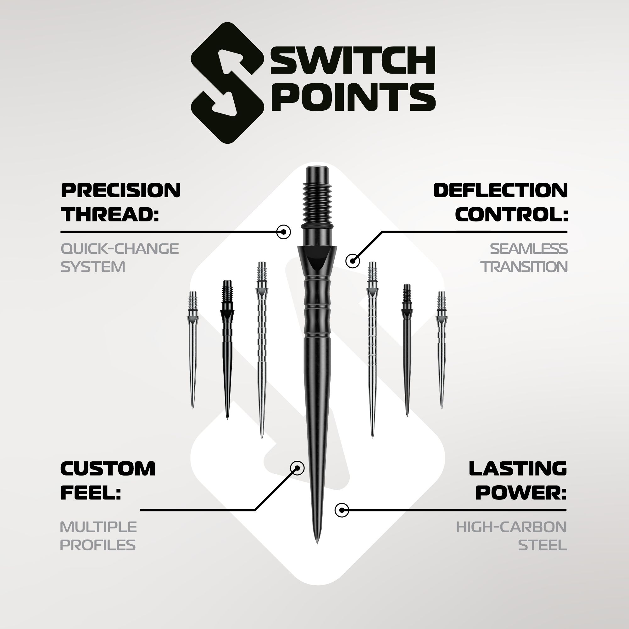 Winmau Switch Point Groove steel dart tips - Silver Effect Abgebildet sind die Winmau Switch Point Smooth Steeldartspitzen - Silver Effect. Die Dartspitzen sind silberfarben und haben eine glatte Oberfläche.