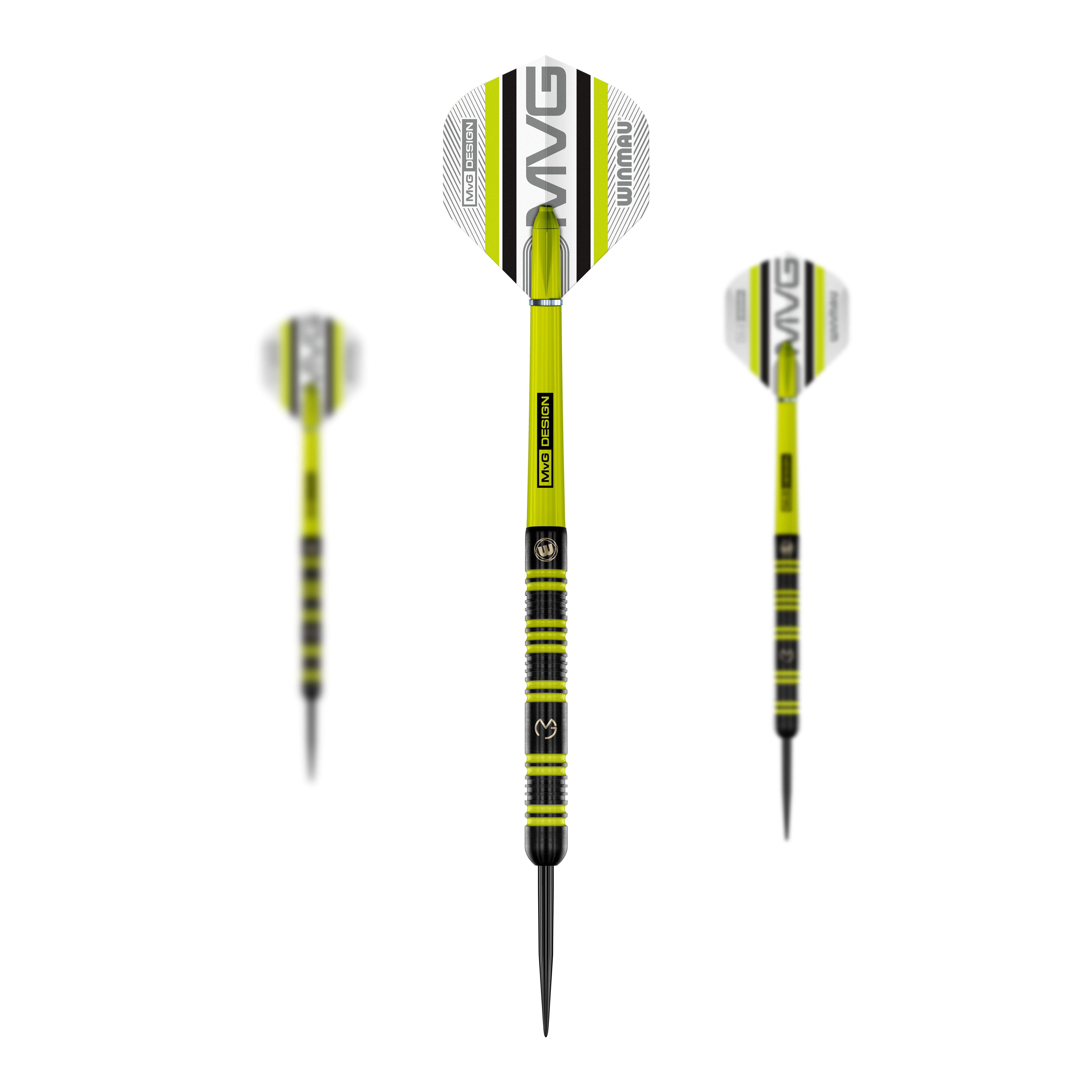Winmau Michael Van Gerwen 85 Pro-Series Steeldarts Das Bild zeigt drei Winmau Michael Van Gerwen 85 Pro-Series Steeldarts. Die Darts sind schwarz-gelb gestaltet und haben Flights mit dem Schriftzug "MVG" und "Winmau".
