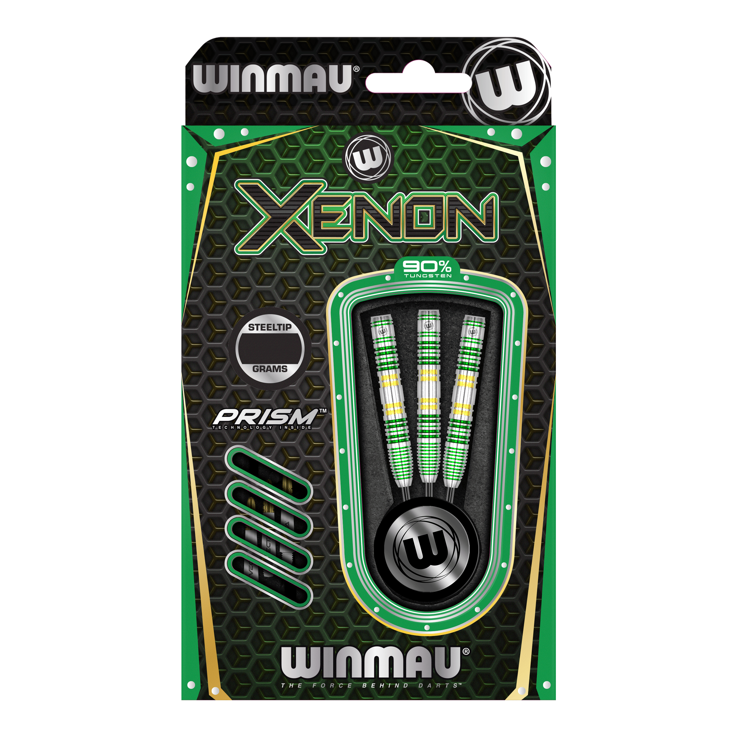 Freccette in acciaio Winmau Xenon Das Bild zeigt eine Packung Winmau Xenon Steeldarts. Die Verpackung ist überwiegend schwarz-grün und enthält drei Darts mit bunten Griffen.