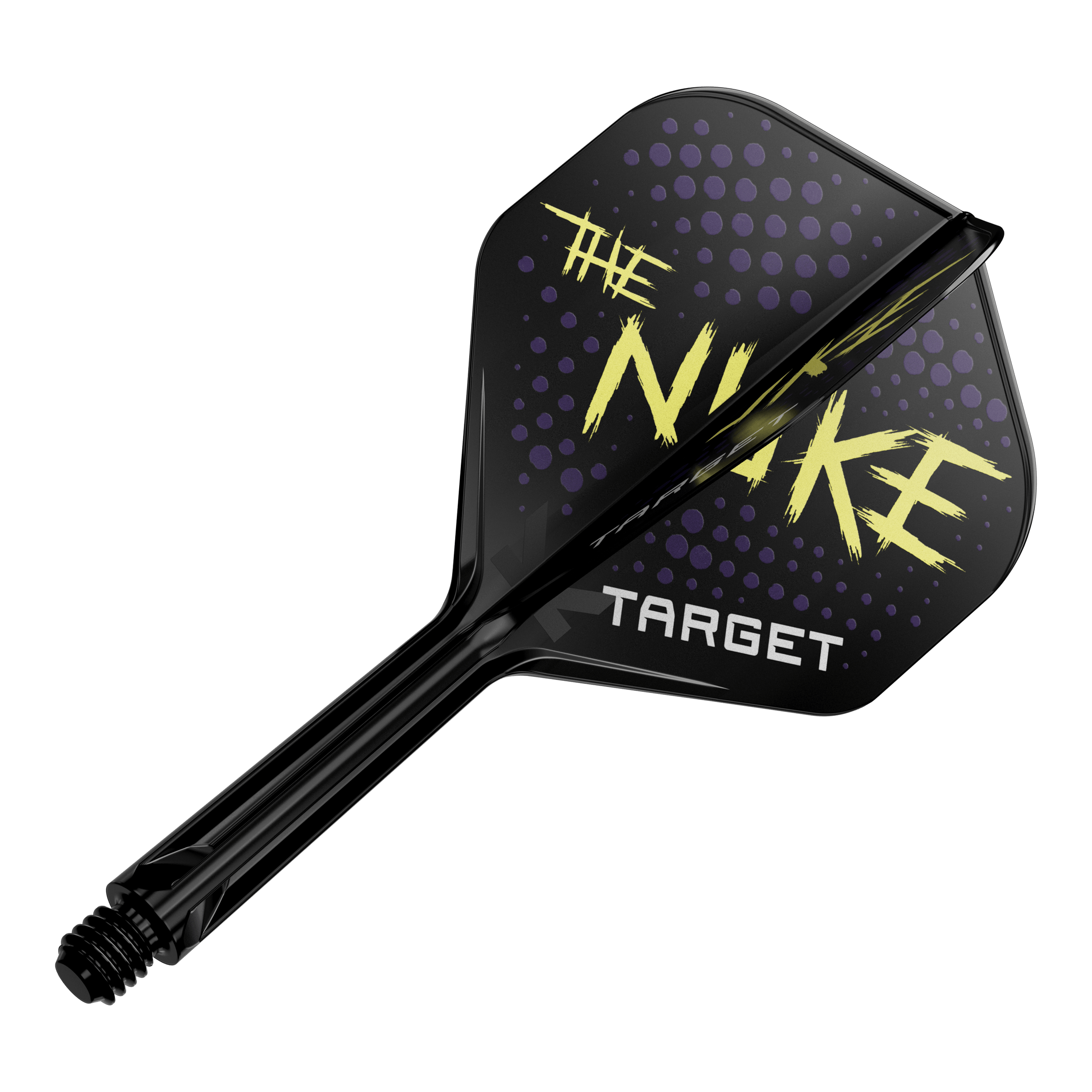 Das Bild zeigt einen schwarzen Dartflight mit dem Schriftzug "THE NUKE" und "TARGET" darauf. Der Hintergrund des Flights ist mit lila Punkten verziert.