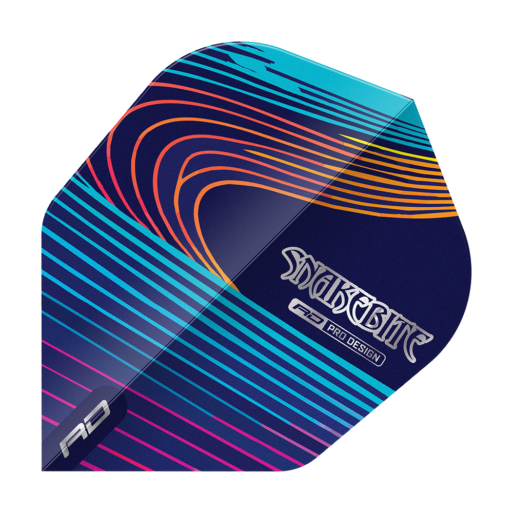 Letky Red Dragon Peter Wright Snakebite Multi No6 Das Bild zeigt einen bunten Dartflight mit geschwungenen Linien in Blau, Lila, Orange und Gelb. Auf dem Flight steht der Schriftzug "Snakebite" sowie "RD Pro Design".