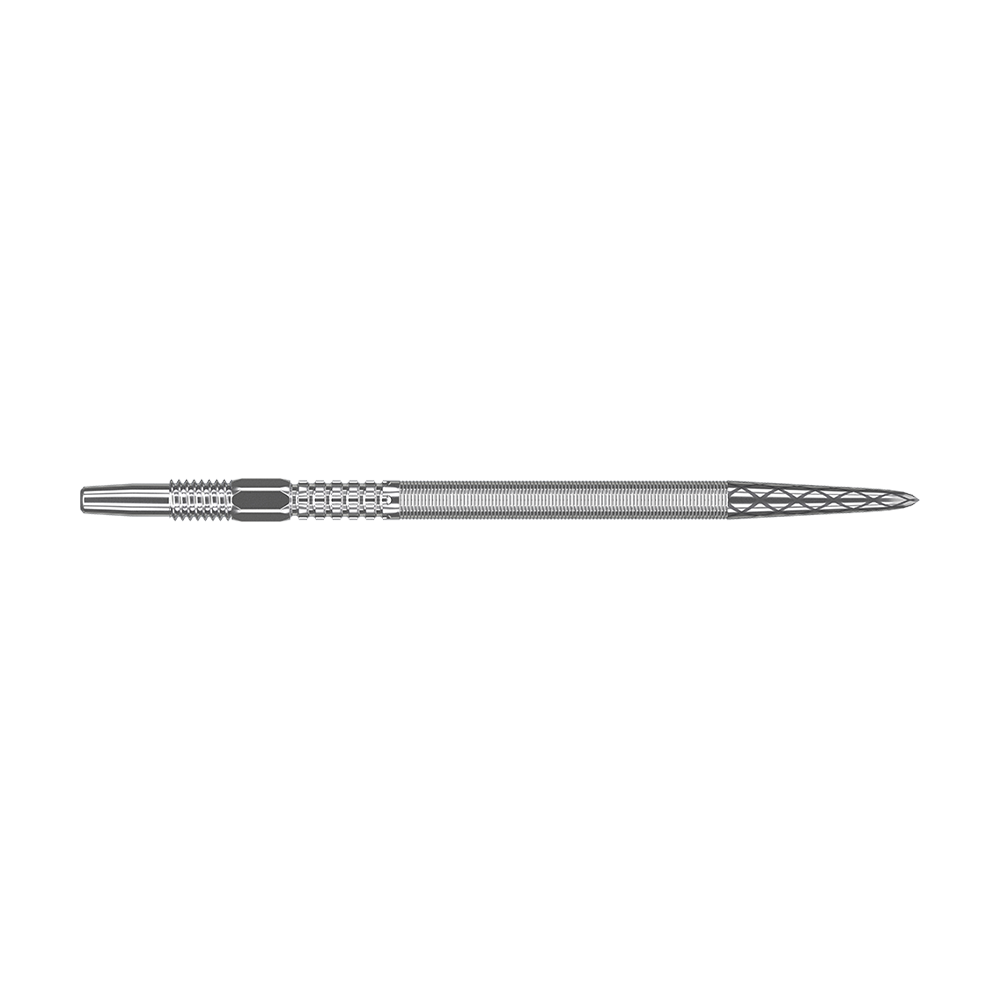 Puntas de dardos Target Swiss Point DX - Plata Das Bild zeigt eine silberne Dartspitze mit feinen Rillen und Muster. Die Spitze ist lang und schmal gestaltet.