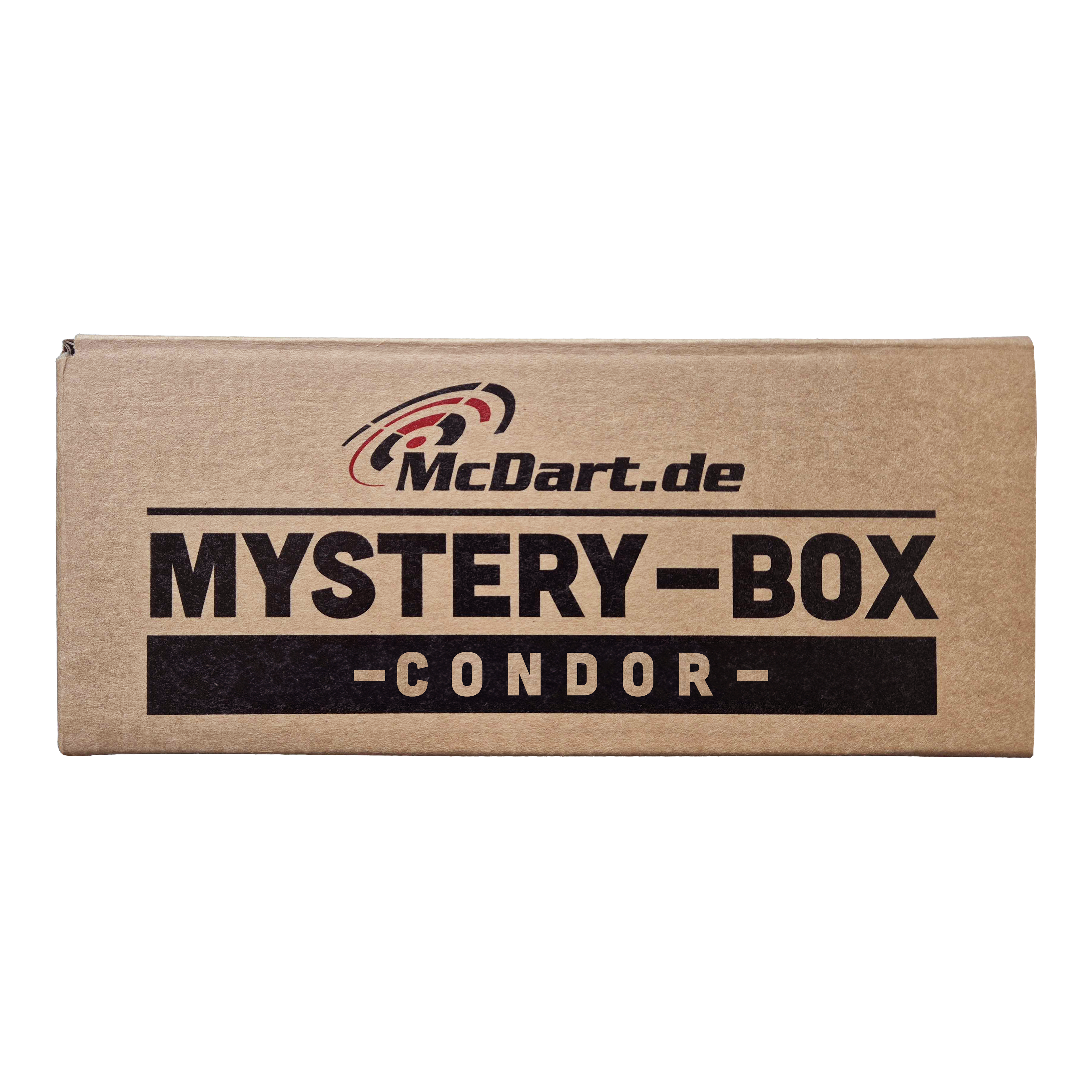 Scatola misteriosa McDart Condor Auf dem Bild ist ein brauner Karton mit der Aufschrift "McDart.de Mystery-Box - Condor -" zu sehen. Die Schachtel wirkt geheimnisvoll und lädt zum Entdecken ein.