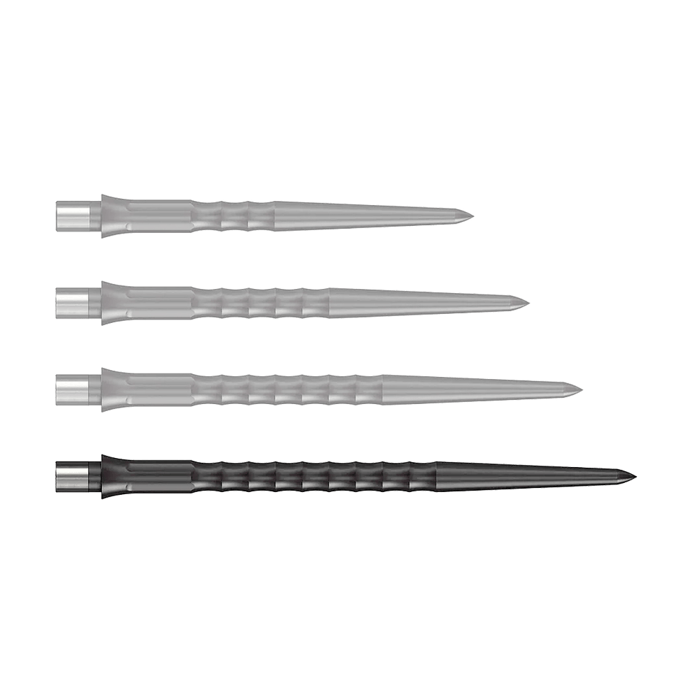 Caliburn System Steeldart Tips - Ripple - NoLip - Black Abgebildet sind schwarze Steeldartspitzen des Caliburn Evo Systems mit 40 mm Länge. Die Steeldartspitze ist einzeln auf weißem Hintergrund zu sehen.