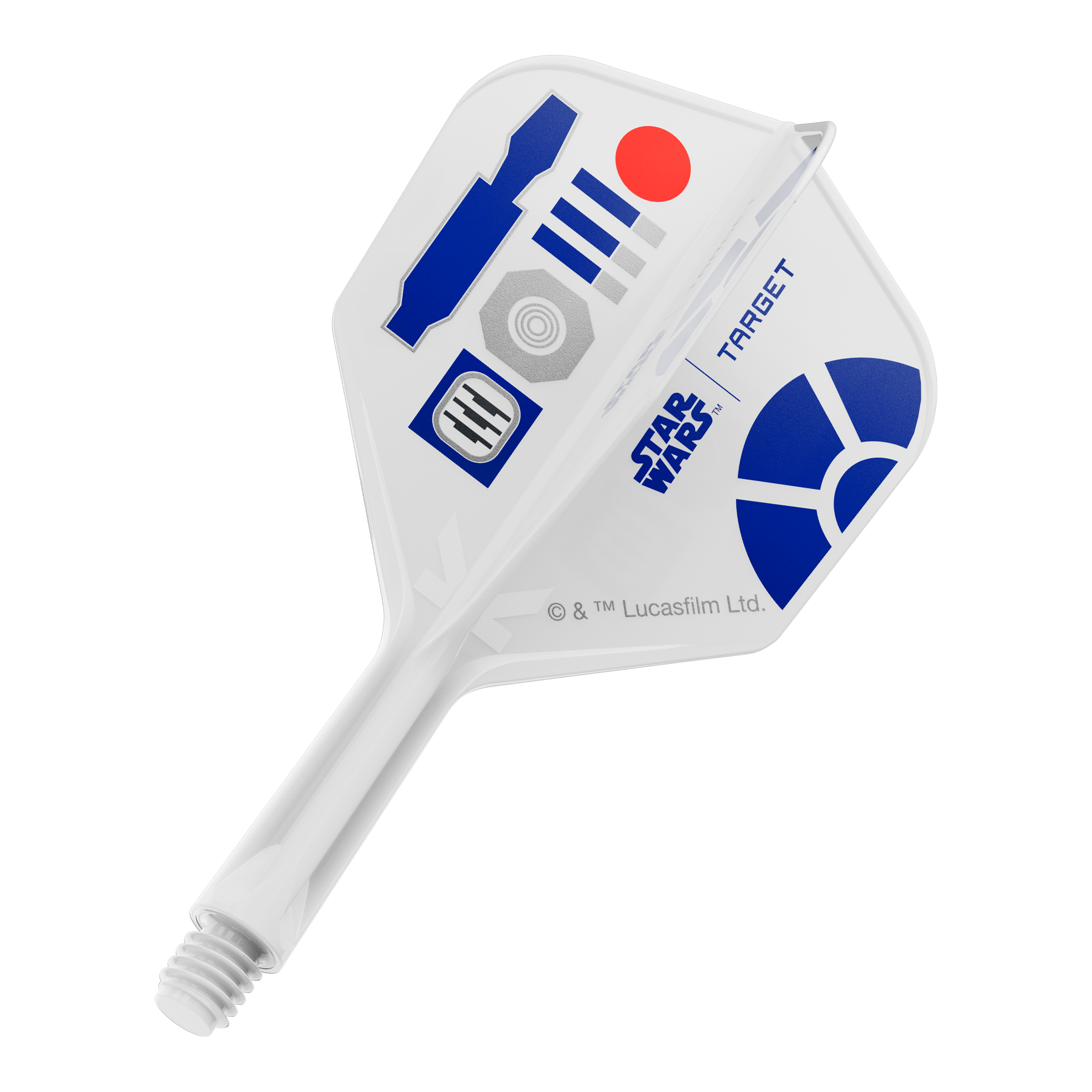 Voli Target Star Wars K-Flex R2D2 No6 Das Bild zeigt Dart-Flights mit einem R2D2 Motiv und der Bezeichnung 410510_Target_StarWars_KFlex_R2D2_No6_Flights_Short_19mm_1. Es handelt sich um kurze Dart-Flights im Star Wars Stil.