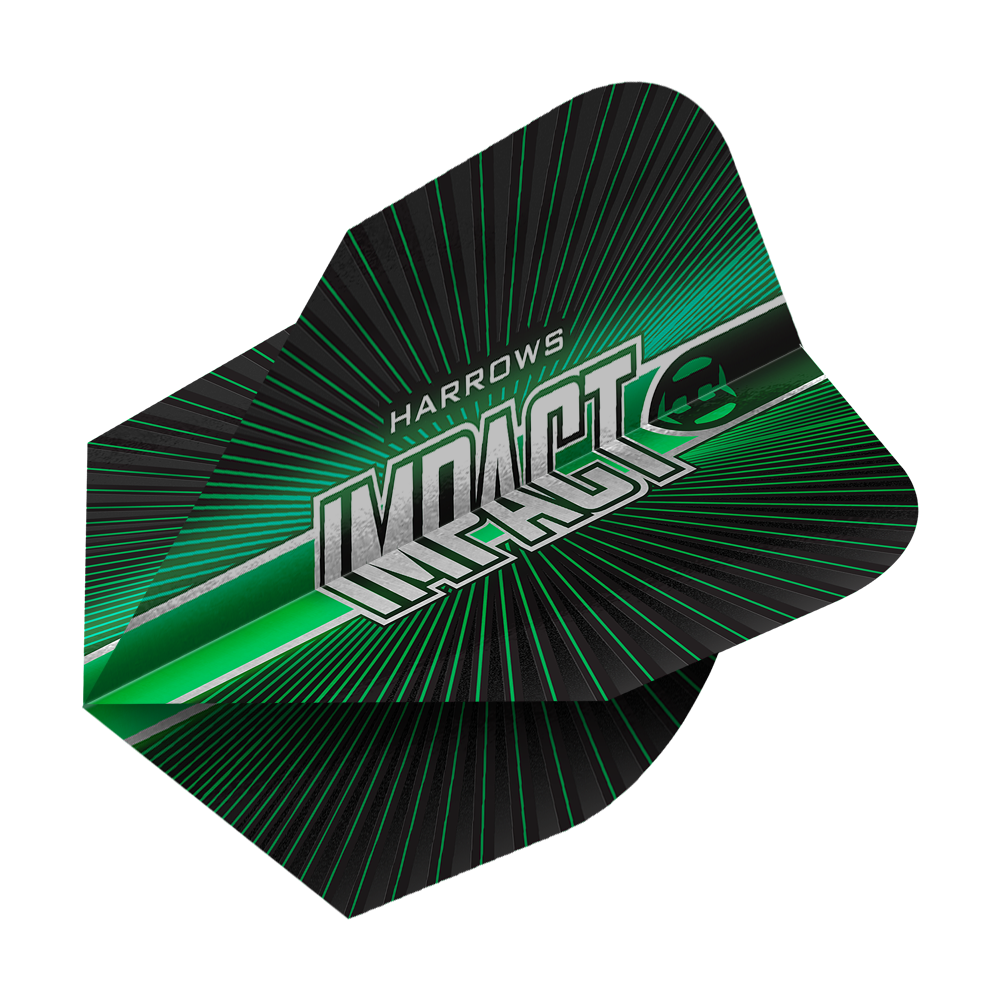 Das Bild zeigt Harrows Impact No6 Flights. Es handelt sich um hochwertige Dart Flights.