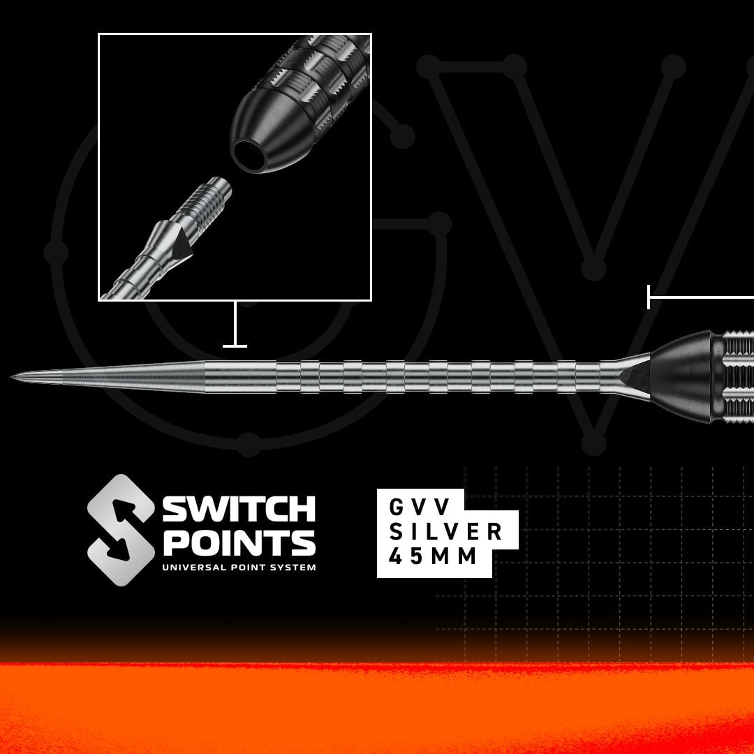 Das Bild zeigt die Winmau Gian Van Veen TS-PRO Switch Point Steeldarts. Die Darts liegen parallel zueinander und sind komplett zu sehen.