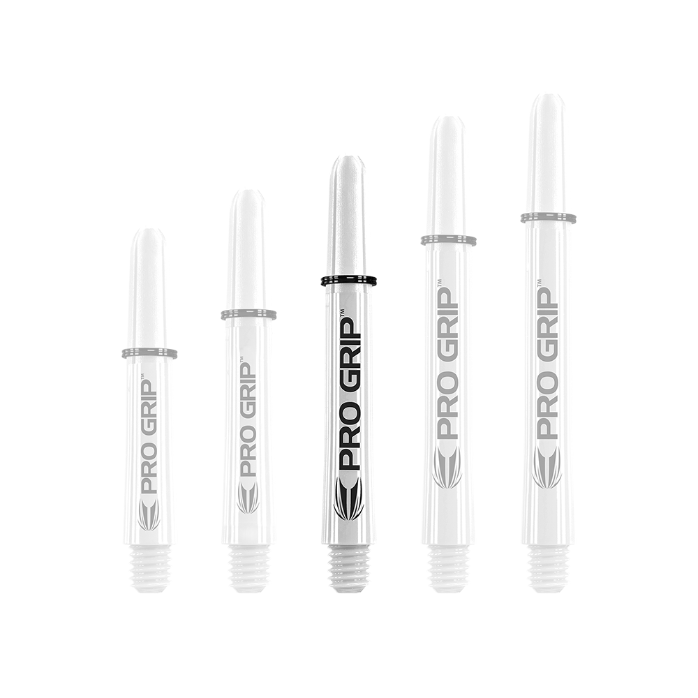 Das Bild zeigt fünf weiße Dartschäfte mit der Aufschrift "PRO GRIP". Sie sind in einer Reihe nach ihrer Länge sortiert.