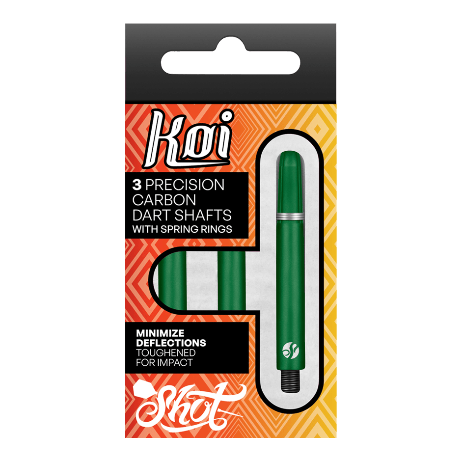 Shot Koi Carbon Shafts - Grün Die Verpackung zeigt drei grüne Präzisions-Carbon-Dartschäfte mit Federringen der Marke Koi. Sie sind darauf ausgelegt, Ablenkungen zu minimieren und sind für hohe Belastungen verstärkt.