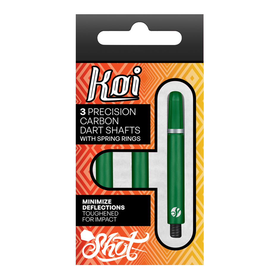 Shot Koi Carbon Shafts - Grün Vier Dart-Schäfte sind aufgereiht. Die Details der Schäfte sind klar und deutlich.