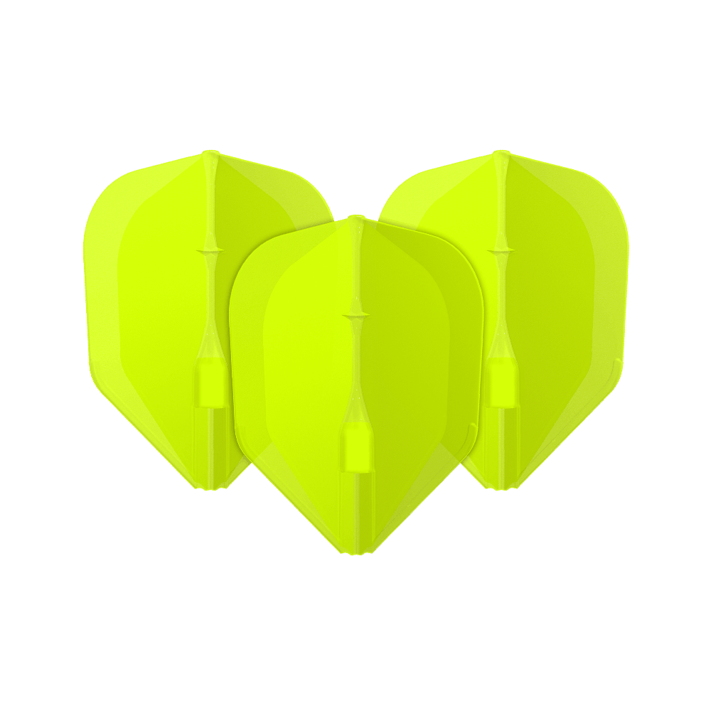 L-L-Style3EZ Flights Das Bild zeigt drei neon-gelbe Dartflights. Sie stehen nebeneinander und haben eine klassische Pfeilform.